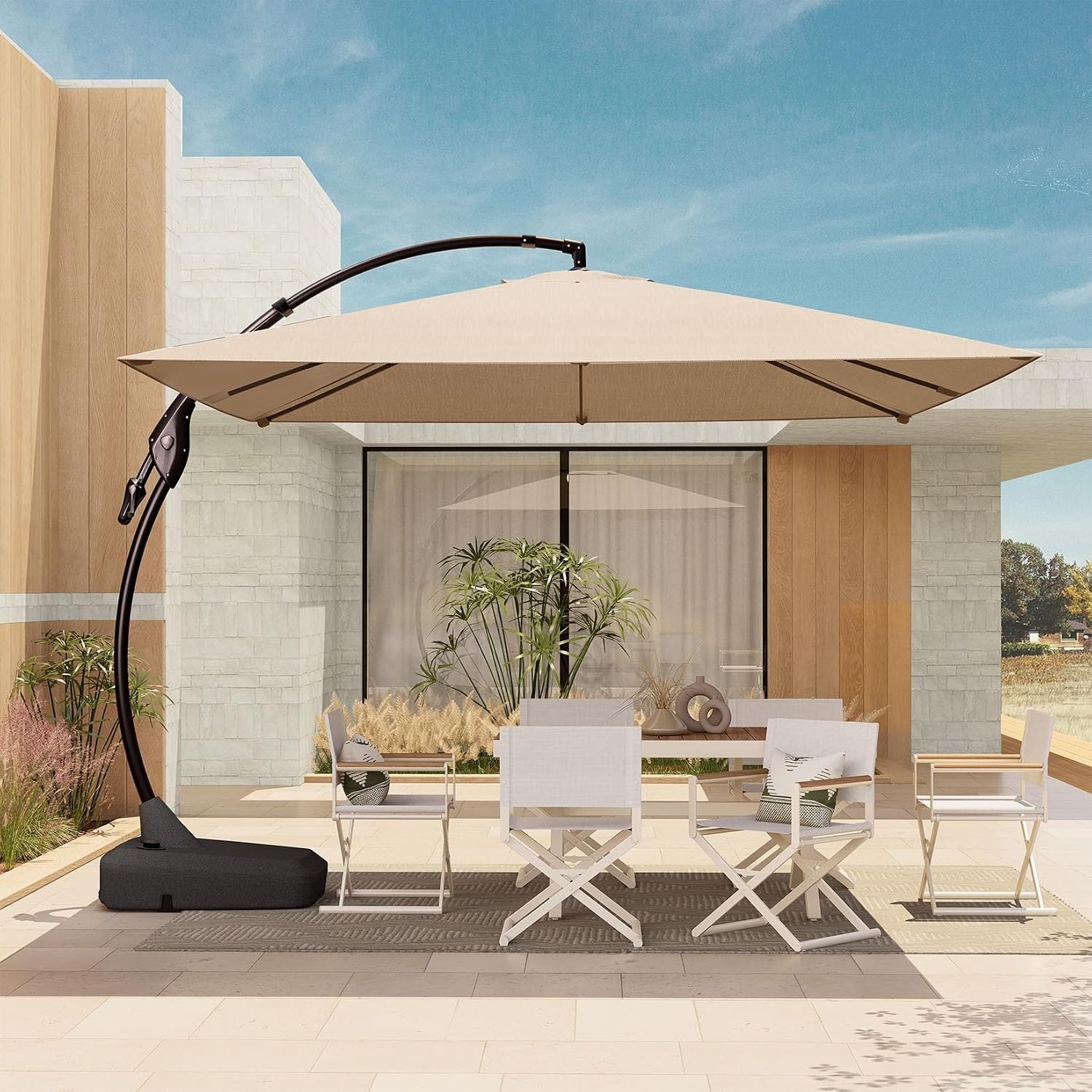 Grand patio 10×10 FT Patio Offset Umbrella Large Square Aluminum Cantilever Umbrella Base Included for Deck Porch (Champagne, 10×10 FT)