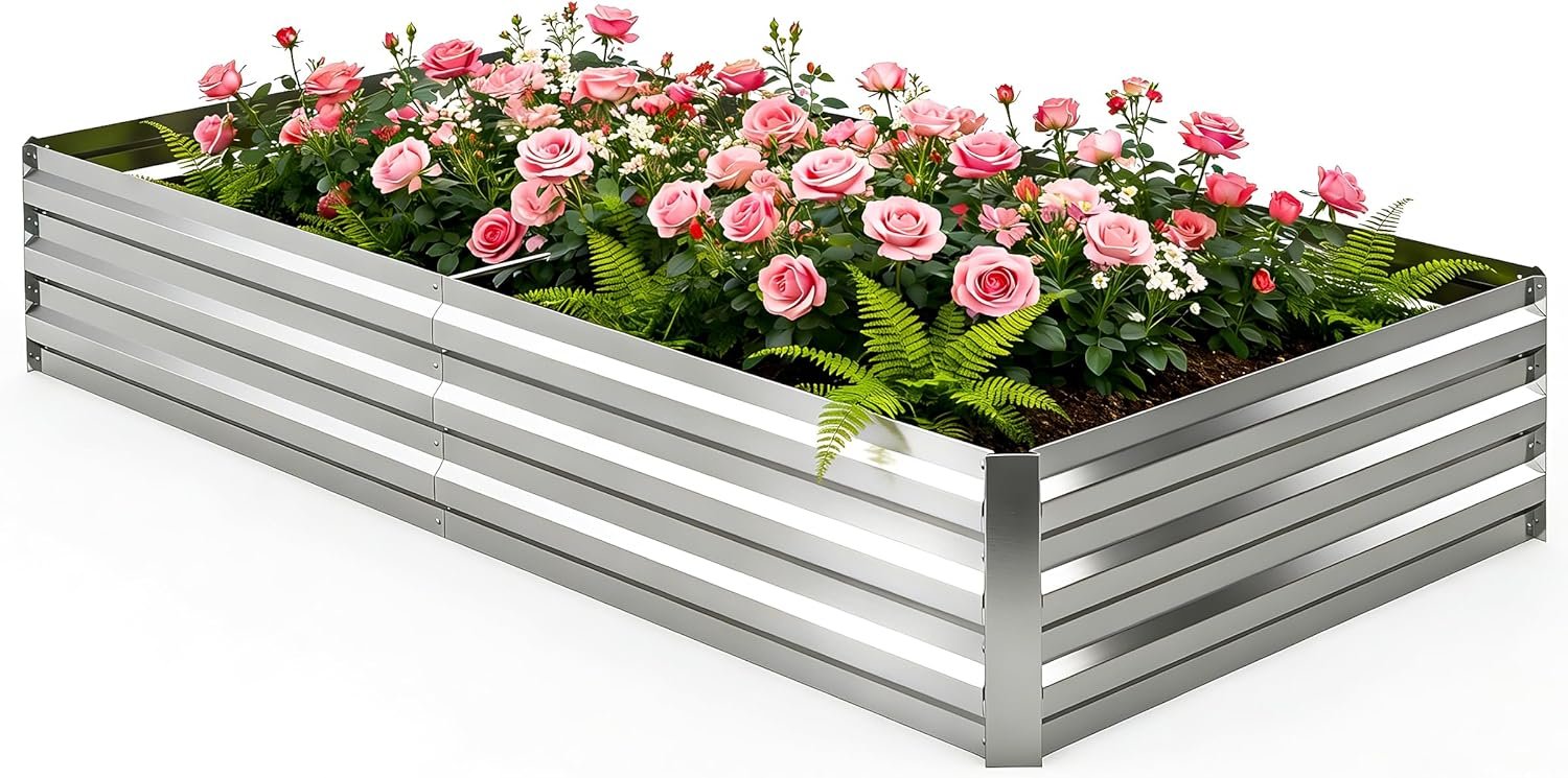 6x3x1FT Galvanized Raised Garden Bed, Metal Planter, Silver,1 Pack | Thick Galvanized Steel, Easy Assembly,Outdoor Patio,Open Bottom,Smooth Surface,Planter Kit for Vegetables, Herbs, Flowers