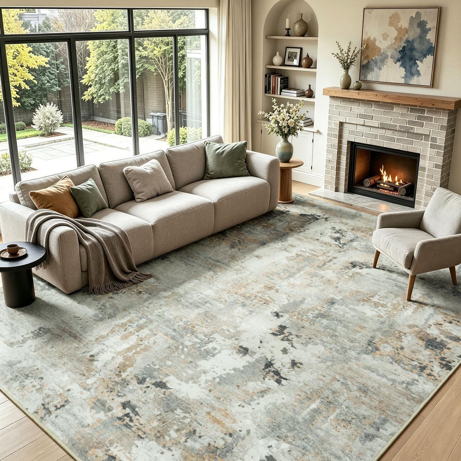 8×10 Area Rugs for Living Room, Washable Abstract Rug, Brown/Grey | Stays Put During Vacuuming; Spill & Stain Resistant; Machine Washable; Non-slip; Soft Neutral Carpet for Bedroom Dining Room