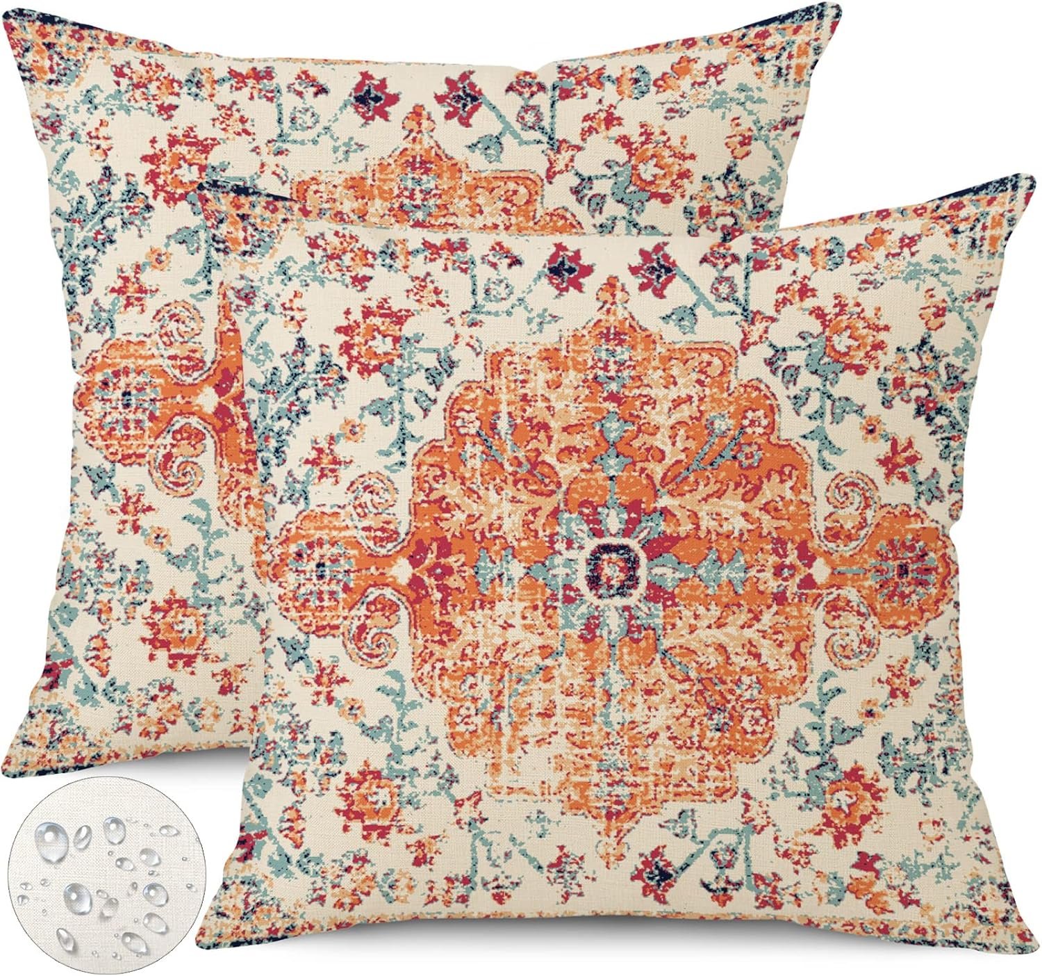 Outdoor Waterproof Pillow Covers 18X18 Inch Set of 2 – Bohemian Vintage Carpet Pattern Orange Blue Ethnic Design Decorative Farmhouse for Couch Garden Balcony