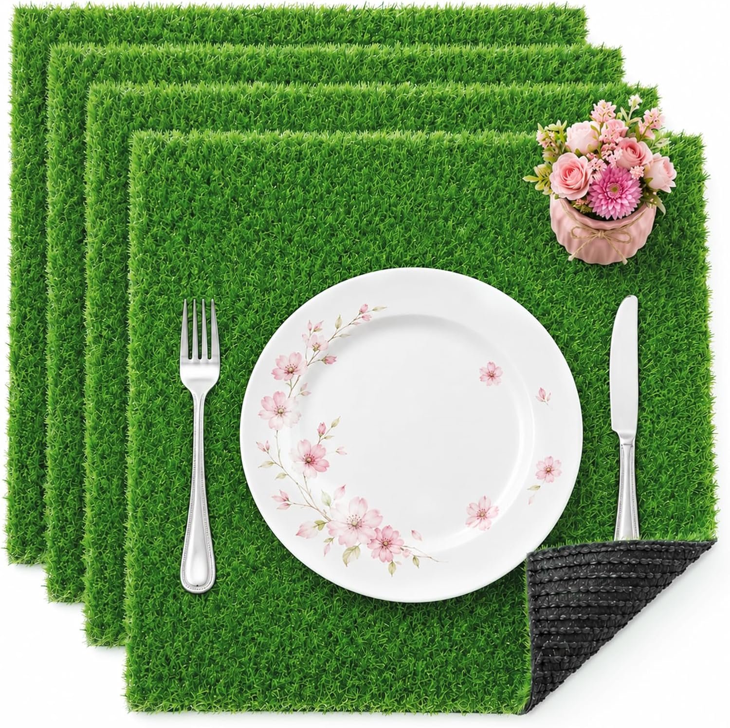 Artificial Grass Mat 12×12 Inch,Fake Grass Turf Patch,Synthetic Grass Indoor Outdoor,Patio Grass Tiles Realistic Grass Rug with Drainage Hole for Table Decoration