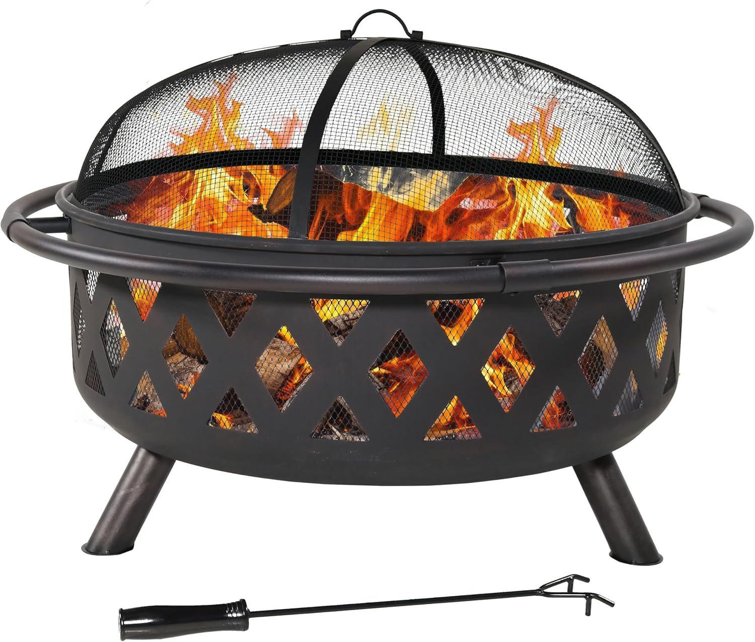 Sunnydaze Crossweave Large Outdoor Fire Pit, Wood Burning, Round, 36″ | Black, Heavy Duty Steel Metal, Patio Fire Pit with Spark Screen, Poker, & Cover, Wood Firepit for Outside, Backyard, or Deck