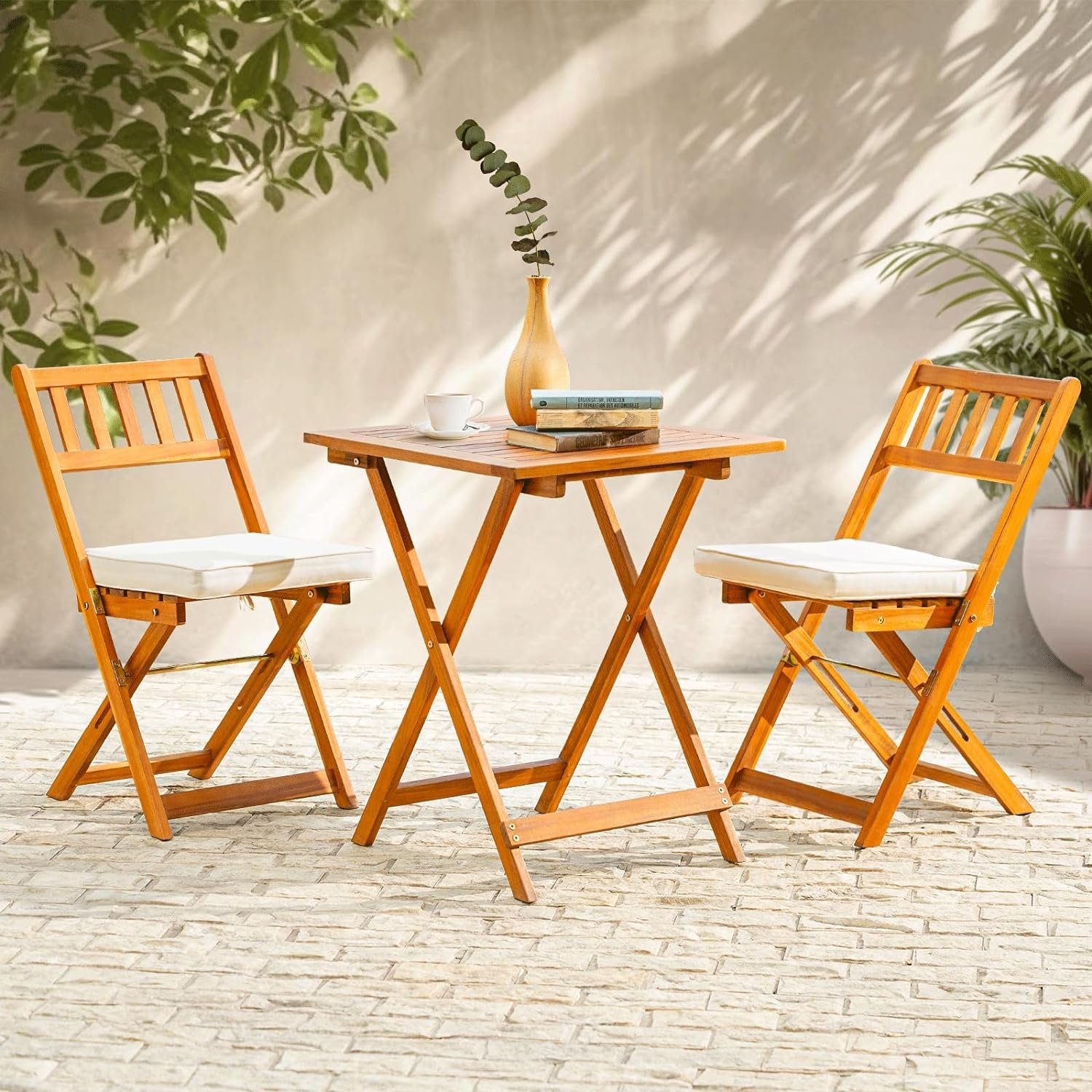 Idzo Heavy Duty 400lbs Capacity Patio Bistro Set 3 Piece Outdoor, Folding Chairs w/Cushion, Square Table, FSC-Certified Acacia Wood, Space-Saving Design for Balcony, Garden and Porch – Upgrade