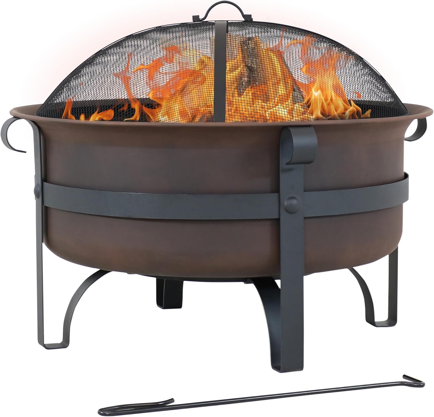 Sunnydaze Round Patio Fire Pit for Outside Wood Burning, Dark Bronze, 29″ | Steel Wood Fire Pit with Cover, Removable Ash Pan, Spark Screen, & Poker, Metal Cauldron Outdoor Firepit for Backyard or Deck