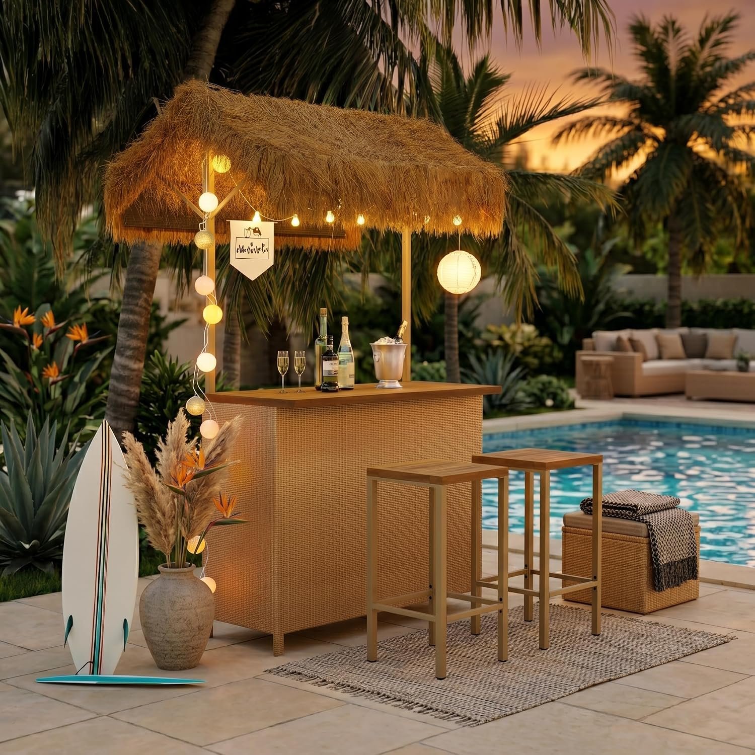 LUMISOL Outdoor Bar Table and Chairs Set, Hawaiian Style Bar Height Patio Set with PE Grass Canopy, Acacia Wood Top and Adjustable Feet, 3 Piece Wicker Island Bar and 2 Stools Set, Natural
