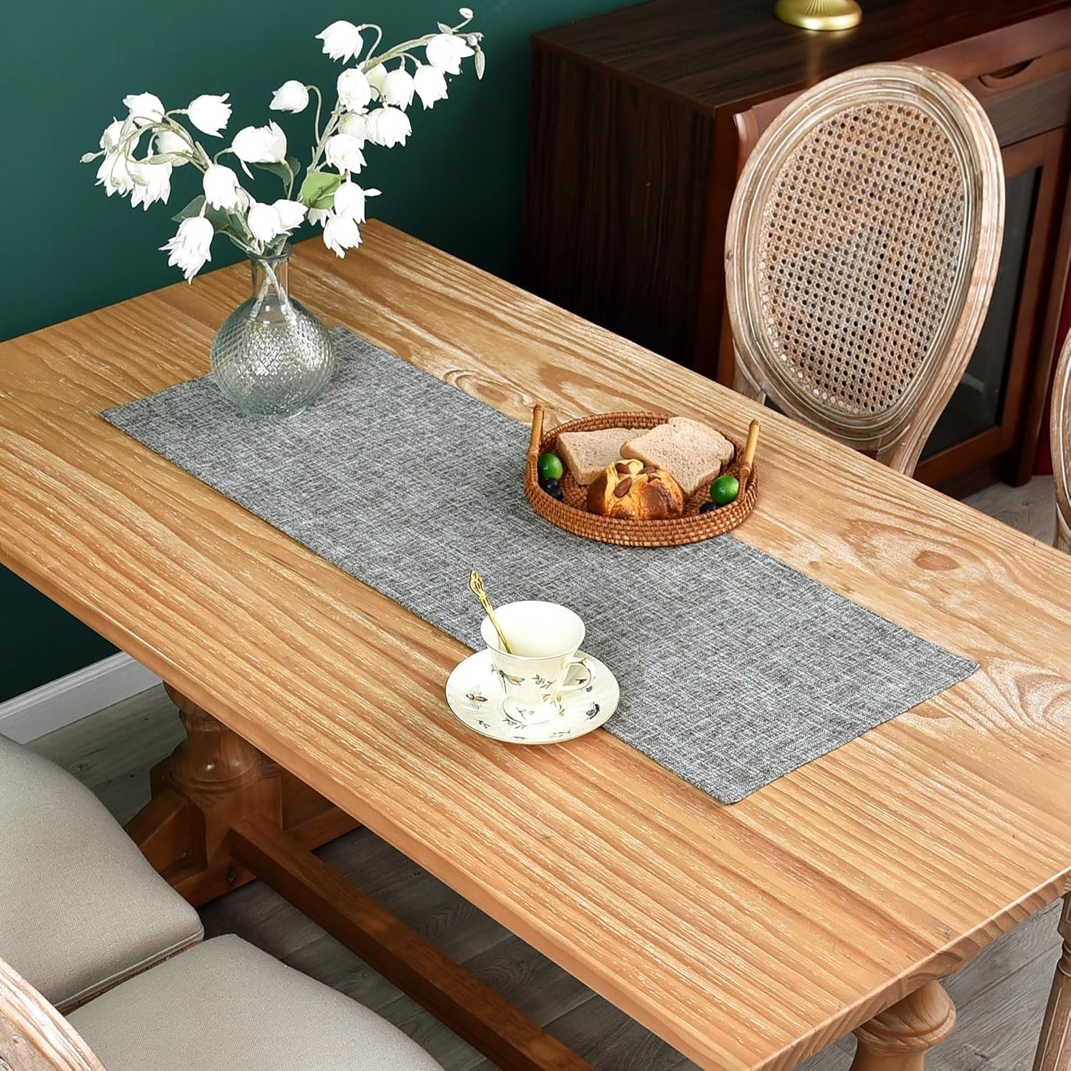 NEWISHER Reversible Double Layer Table Runner Faux Linen Fabric 13x36inch | Grey Table Runner 36 inch, Elegant Rustic Farmhouse Table Runners, Coffee Runners for Daily Use Kitchen Dining Holiday