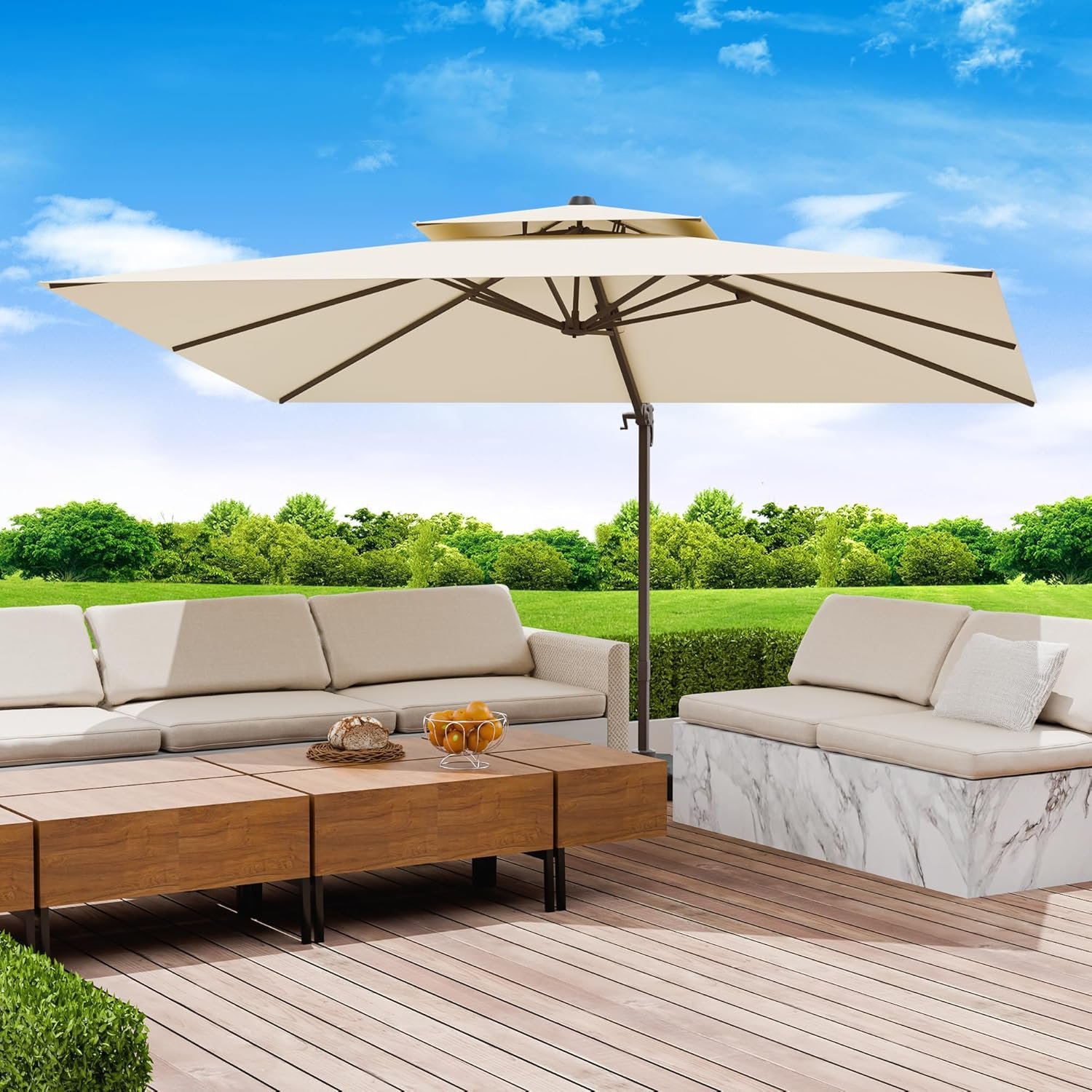 10×13 FT Patio Umbrella, Large Cantilever Rectangular Double Top Heavy Duty Offset Umbrellas with 360° Rotation, Outdoor shade for Garden Deck Pool Patio, Beige