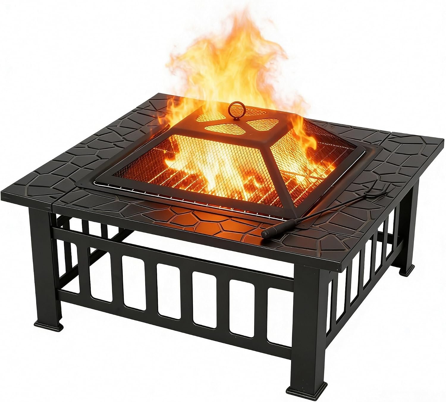ZENY 32 inch Outdoor Fire Pit with Grill for Outside Wood Burning, Square Metal Outside Fireplaces, Spark Screen and Poker Included for Backyard Patio Camping Bonfire