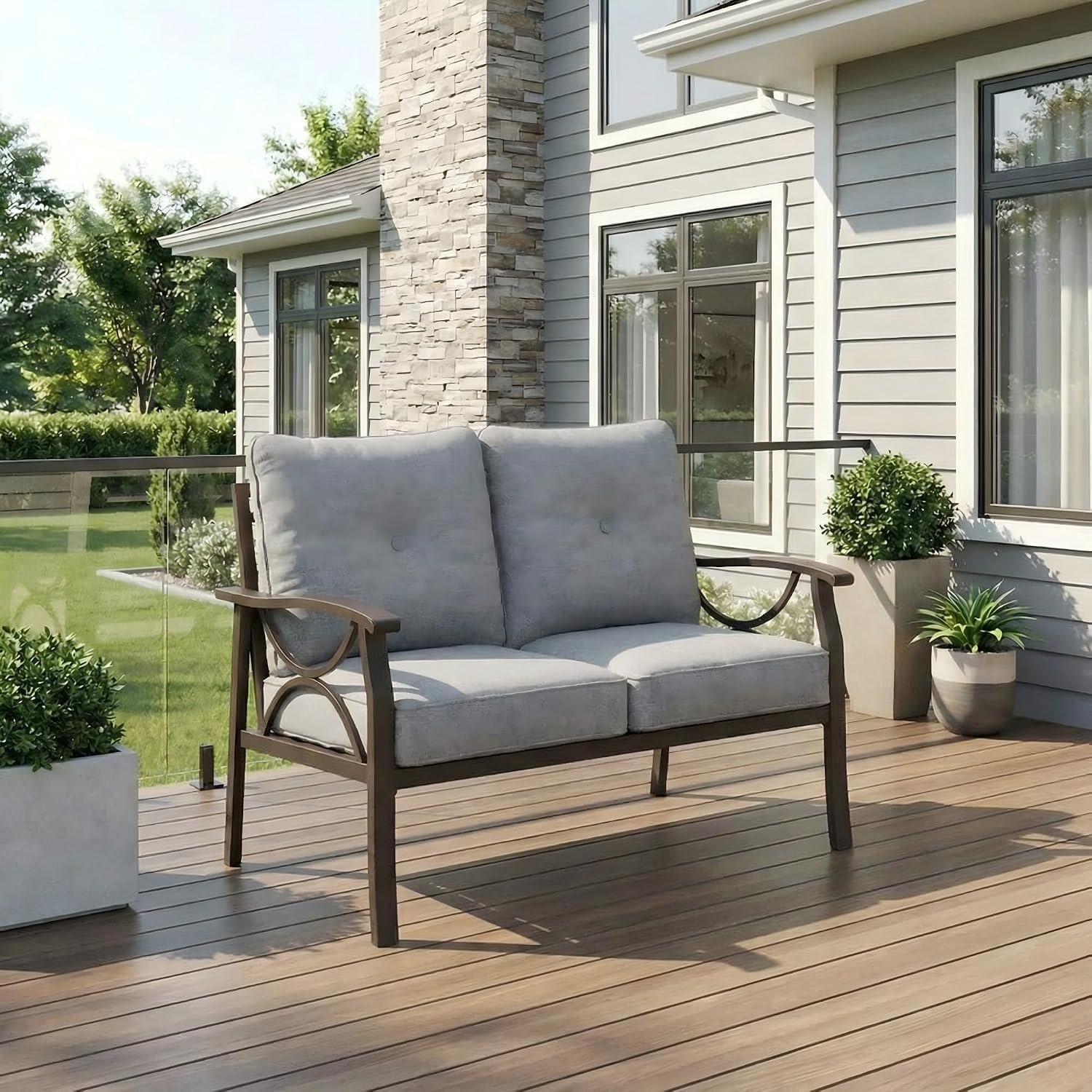 RoyalCraft Patio Loveseat, All-Weather Outdoor 2 Seats Sofa Couch,Khaki Metal Furniture with Gray Cushions