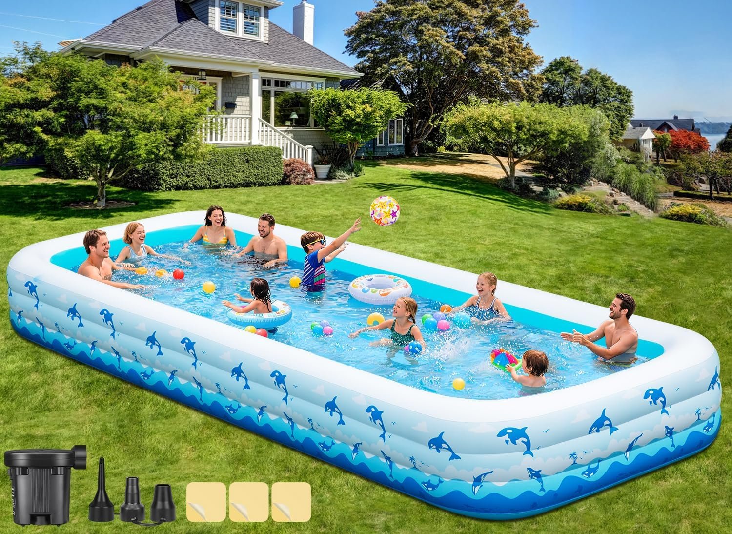 Extra Large Inflatable Swimming Pool – 165″ x 76″ x 22″ Oversized Blow Up Pool for Adults, Big Family Backyard Pool with Pump, Thickened Kiddie Pool for Summer Water Party, Easy Set Up