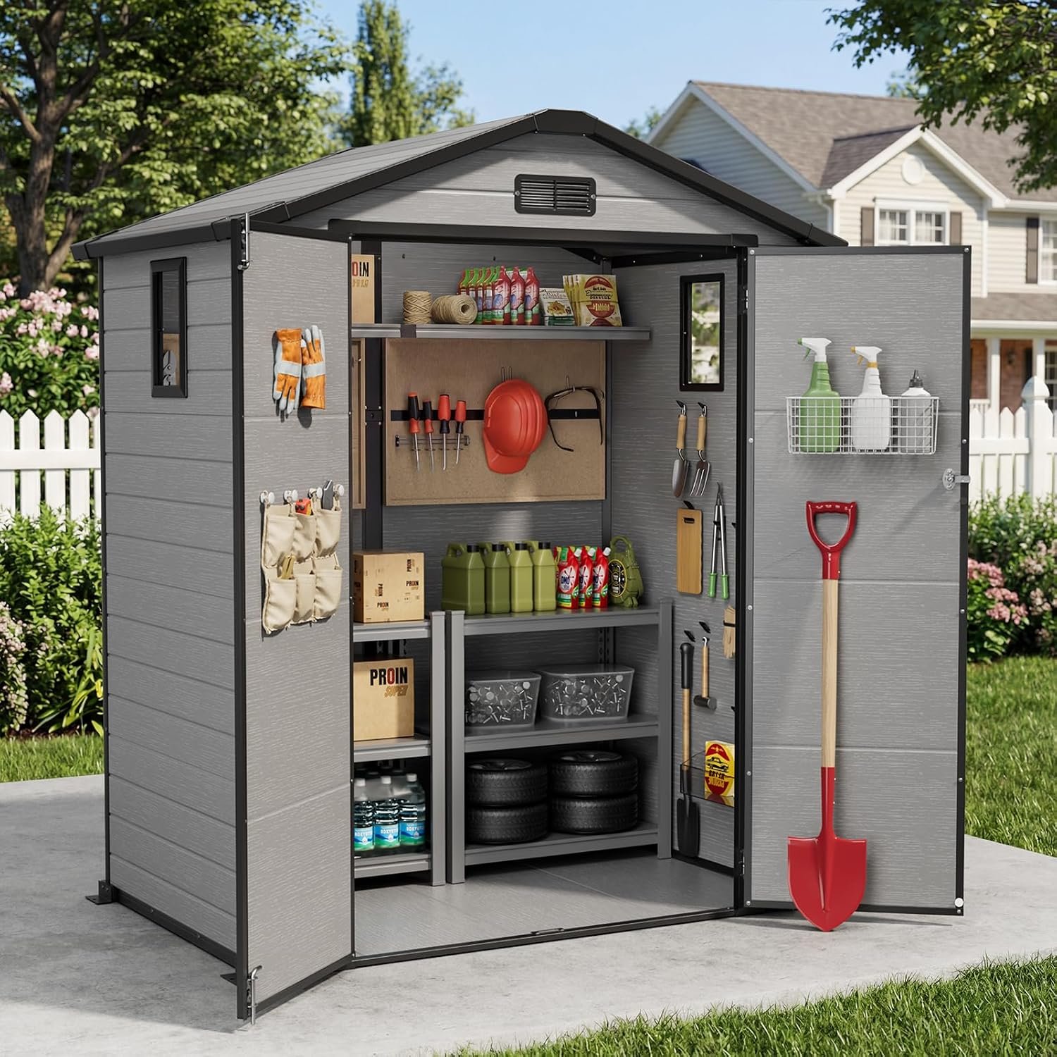 6X4FT Plastic Storage Shed with Floor, Resin Storage Shed with Drainage Channel & Lockable Door, Outdoor Plastic Sheds Suitable for Bikes, Furniture, Gardening Tools