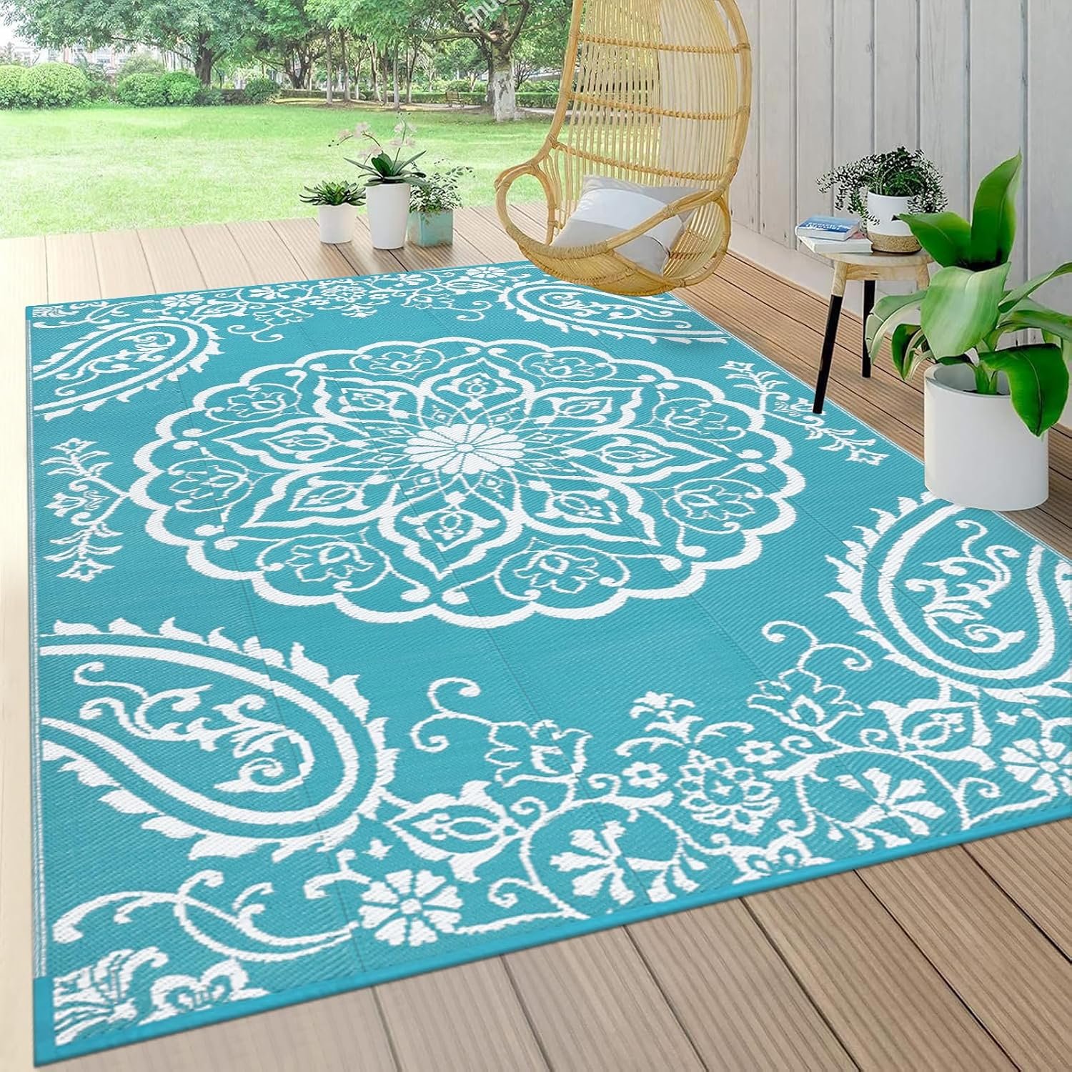 Pauwer Outdoor Rug 5×8, Waterproof Plastic Straw Camping Rug, Boho Teal | Reversible Patio Rug, UV Resistant Indoor Outdoor RV Mat Carpet For Deck, Camper, Porch, Balcony, Backyard, Picnic, Foldable