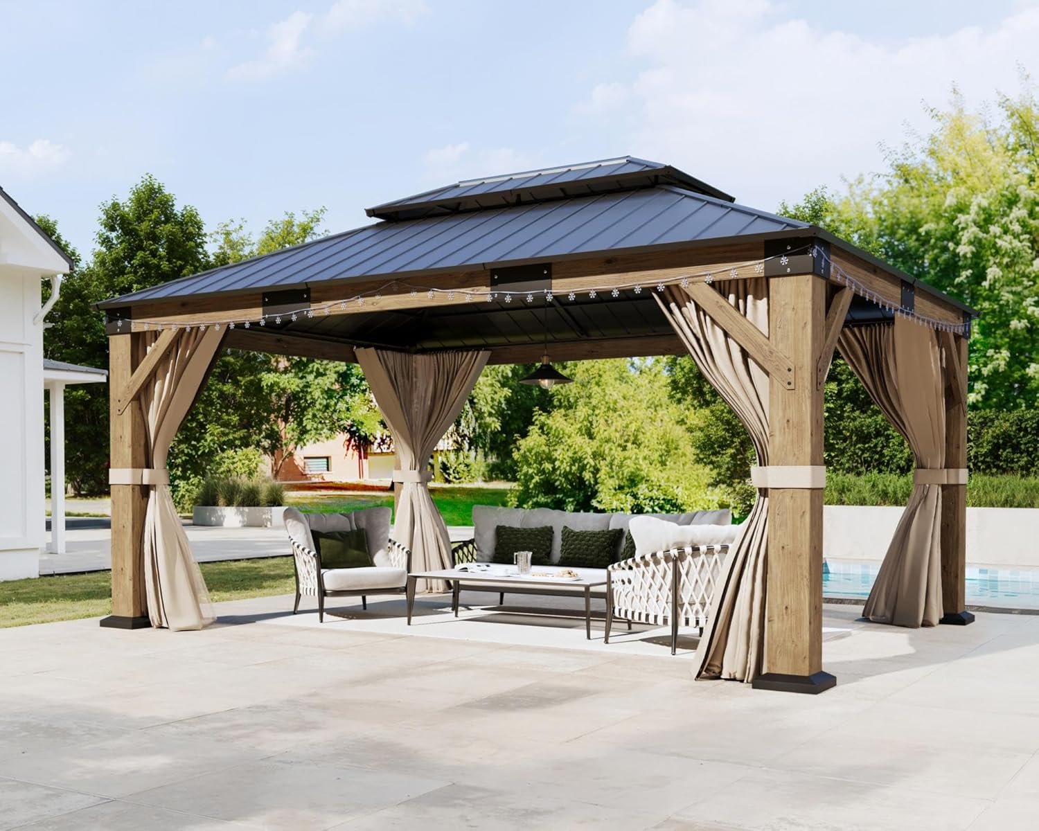 AMERLIFE 12x14FT Hardtop Gazebo with Double Roof, Privacy Curtain & Netting | Heavy Duty Gazebo, Wood Frame Patio Shelter, Metal Double Roof, Outdoor Pavilion for Backyard, Garden, Brown