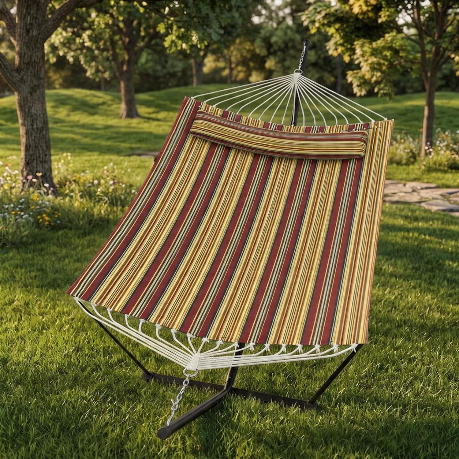 IDEALHOUSE Double Hammock with Stand, 2 Person Outdoor Hammock, 450 Lb Capacity, Pillow Included, 12 ft Stand for Patio, Backyard, Poolside, Red and Yellow Stripes