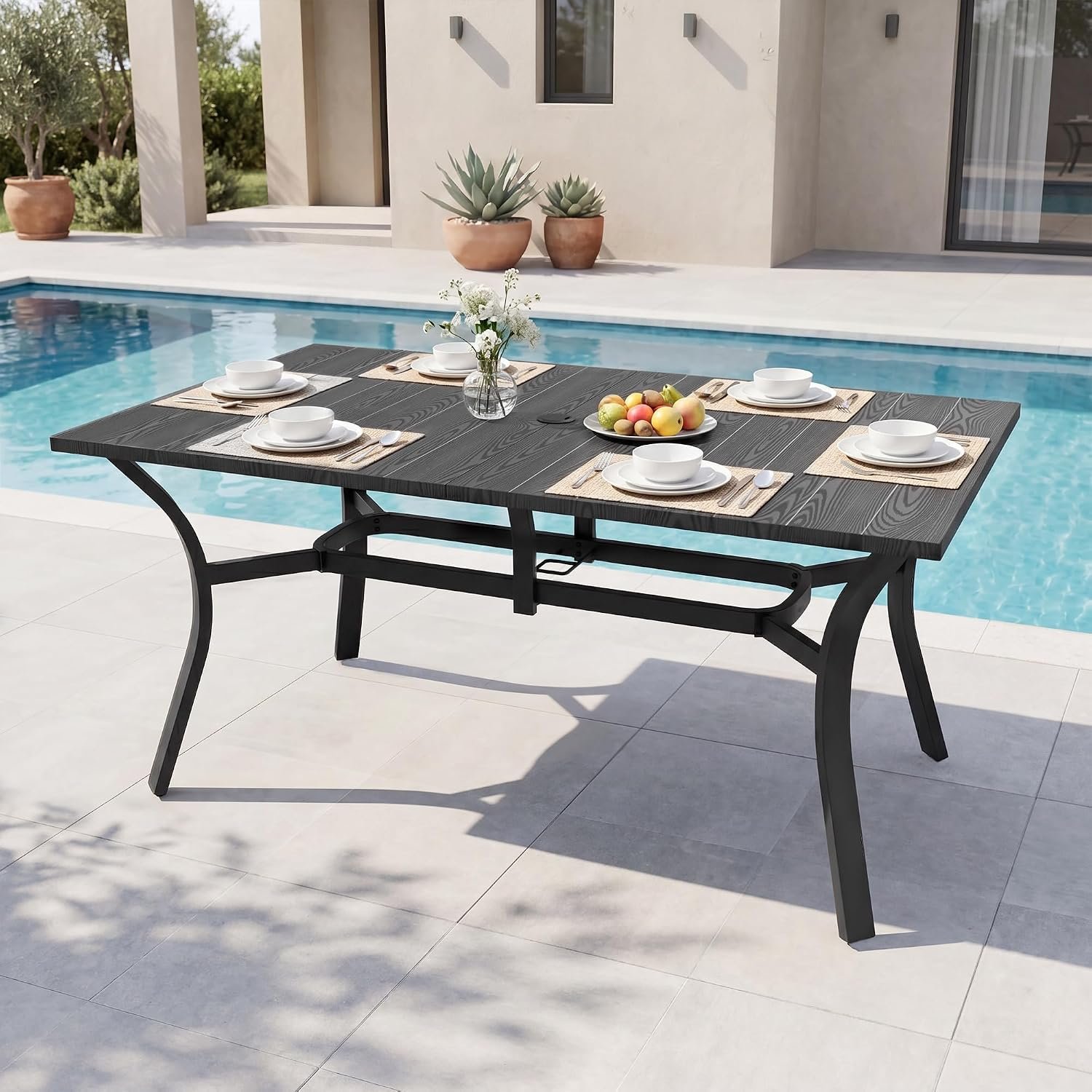 63” Outdoor Dining Table for 6, Black Metal Patio Dining Table with 1.97” Umbrella Hole,Anti-Rust Waterproof Square Table for Porch Deck Poolside Garden Backyard