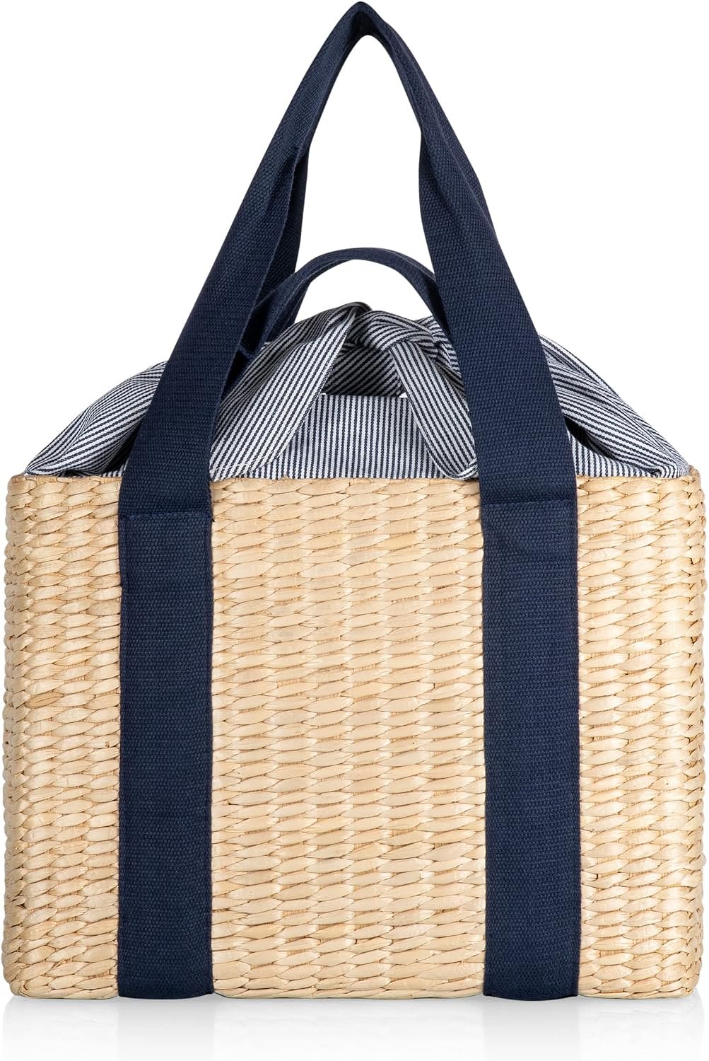 Picnic TIME Parisian Picnic Basket, Insulated Seagrass Picnic Basket, Waterproof, Stylish, Perfect for Picnics, Beach, Office Lunches, Dinner Parties, and Gifts (Beige with Navy Blue Accents)