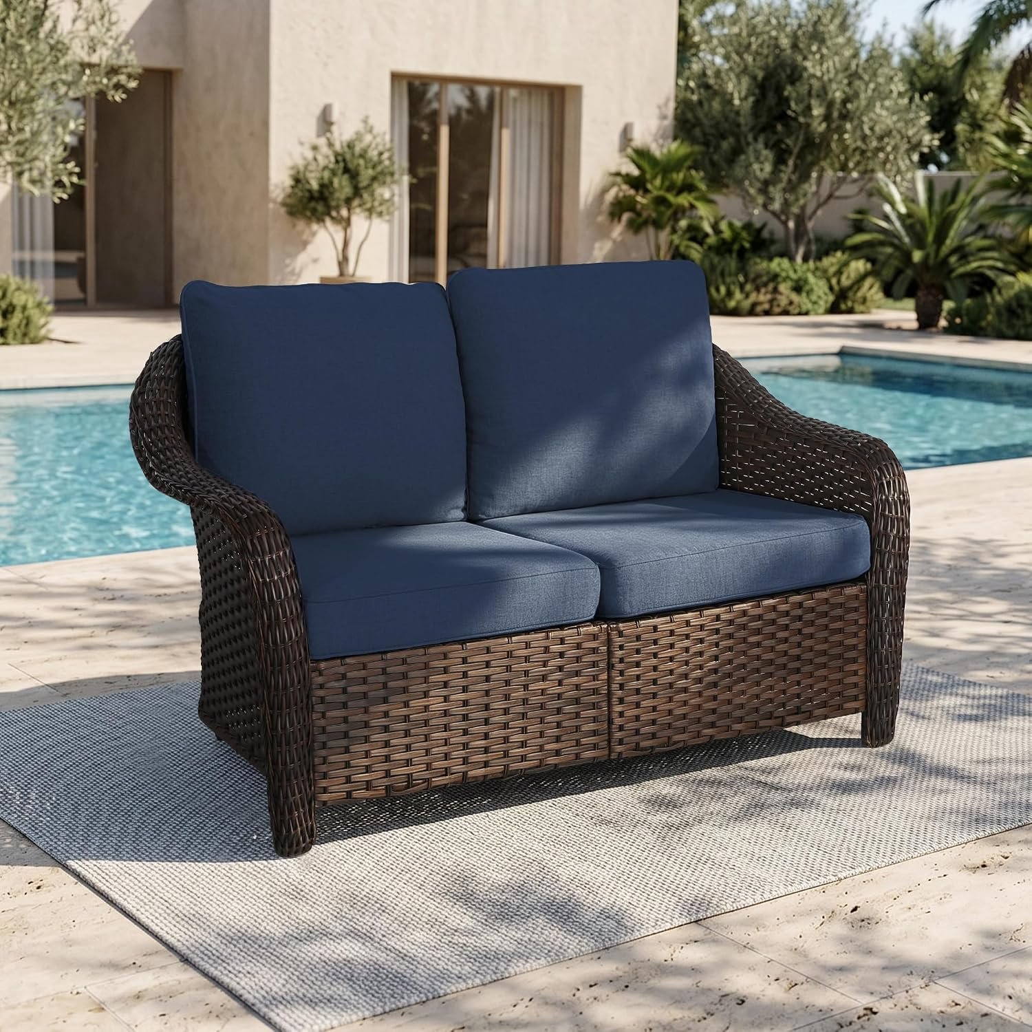 55 inch Outdoor Wicker 2 Seater Sofa, All-Weather Use Patio Rattan Loveseat with Seat and Back Cushion, Ideal for Porch, Backyard, Balcony, Poolside, Blue