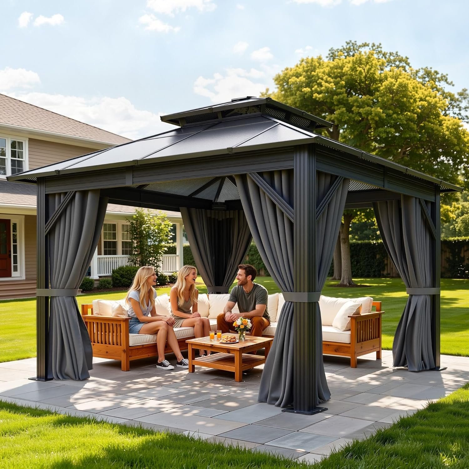 YITAHOME 10x10FT Gazebo Polycarbonate Hardtop Double Roof Canopy | Outdoor with Netting and Shaded Curtains, Metal Frame Garden Tent for Patio, Backyard, Deck and Lawns, Grey