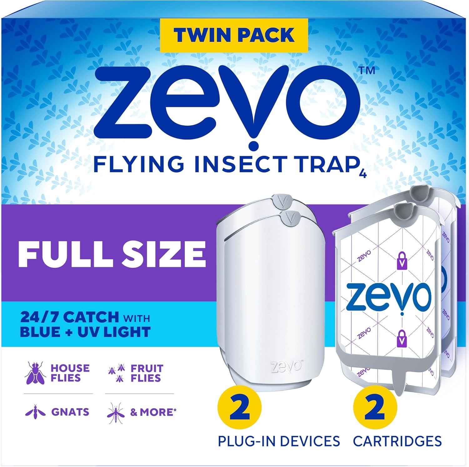 Zevo Flying Insect Trap for Fruit Flies & Gnats, 2 Bases & 2 Refills | Fly Trap Catches House Flies, Gnats & Fruit Flies 24/7, Spray-Free, Odor-Free, Blue & UV Light, Safe for Kids & Pets