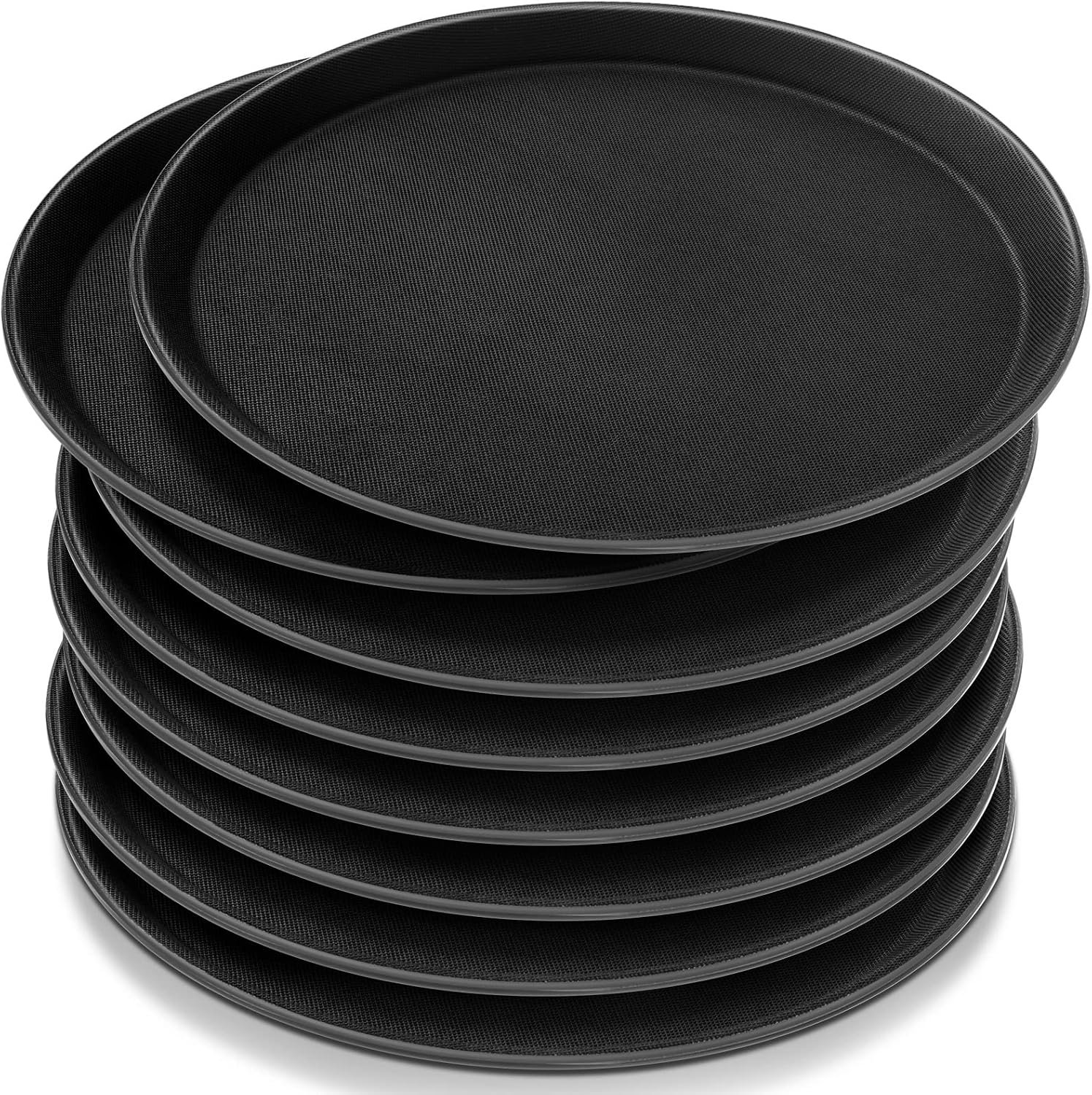 Zopeal 8 Pieces Black Round Restaurant Serving Tray, Plastic Non Slip Surface Food Meals Server Tray with Raised Edges for Home, Kitchen, Restaurant, Cafeteria, Bar (14″)