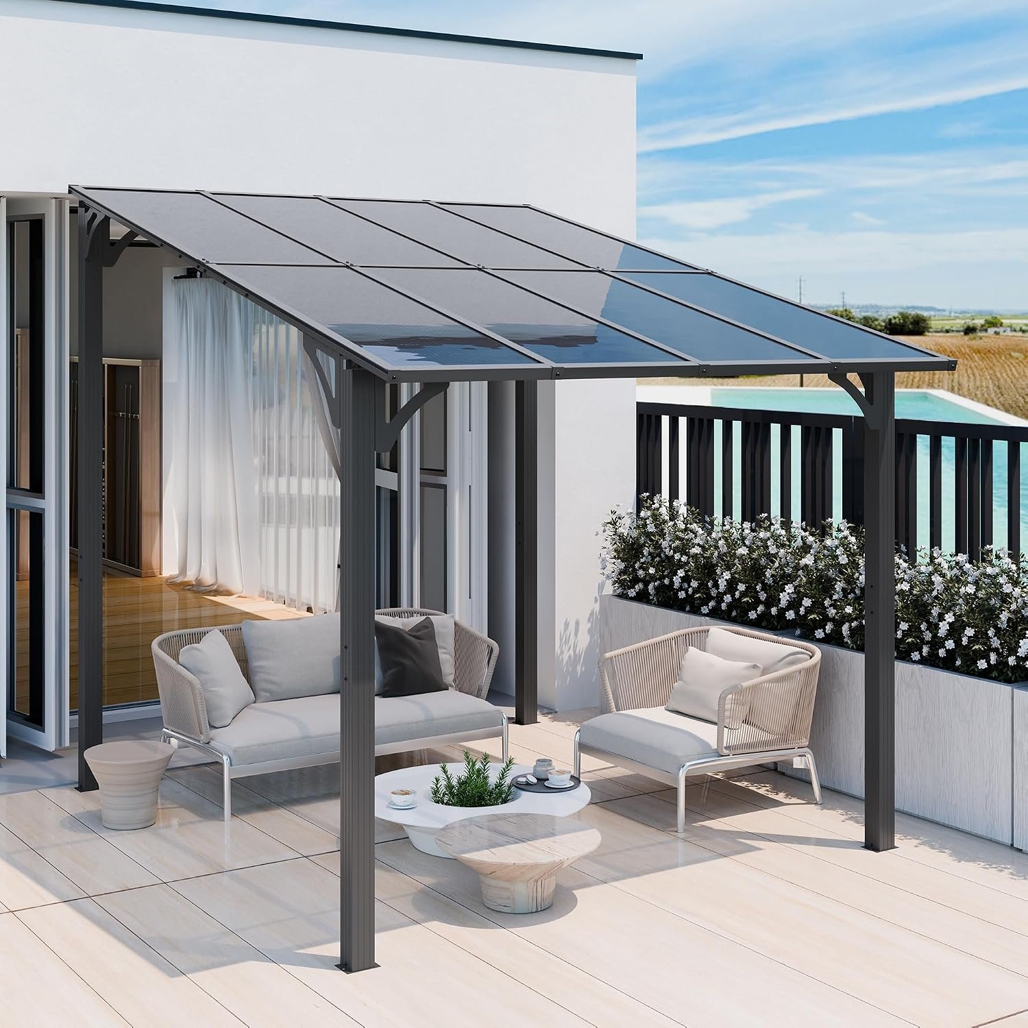 Vongrasig 10’ x 8’ Lean to Gazebo, Outdoor Gazebos Pergola on Clearance with Aluminum Top Frame, Wall-Mounted Awnings for Patio, Decks, Backyard