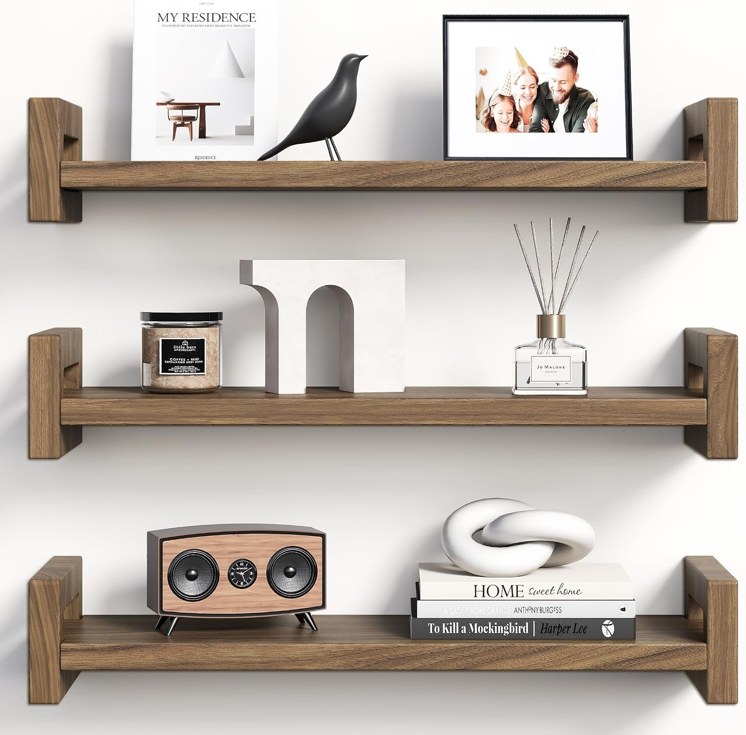 Upgraded Floating Shelves for Wall, Set of 3 Solid Wood Wall Mounted Shelves, 16″ Rustic Walnut Display Shelf for Bedroom, Living Room, Bathroom, and Kitchen Decor – Heavy-Duty & Natural Pine