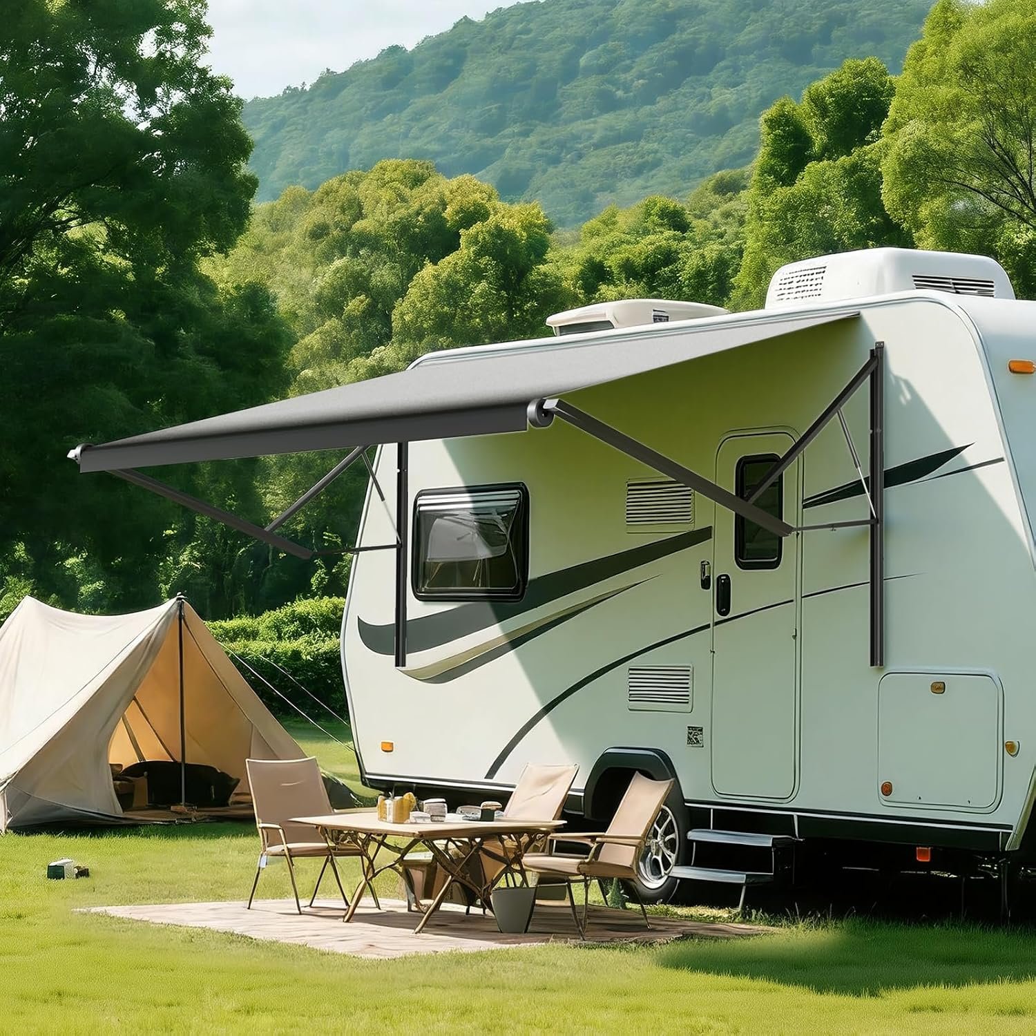 EROMMY 10FT Electric RV Awning with Motor & Manual Crank, Retractable Camper Awning for RVs, Trailers, 5th Wheels & Motorhomes, Adjustable Arms, Black Fade Fabric