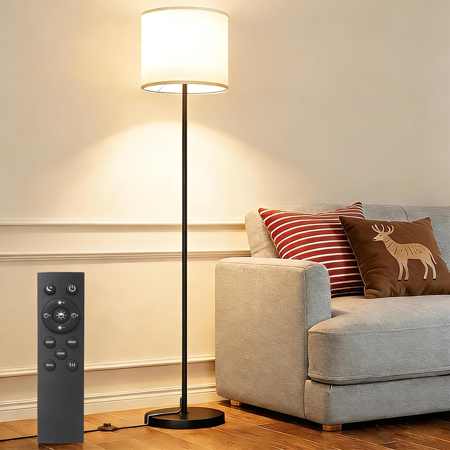 Keepsmile Dimmable Floor Lamps for LivingRoom with 12W LED Bulb, Foot Switch, Remote Custom Color Temperature Floor Light, Linen Shade Standing Lamps, Modern Tall Lamp for Office Bedroom Kid Room