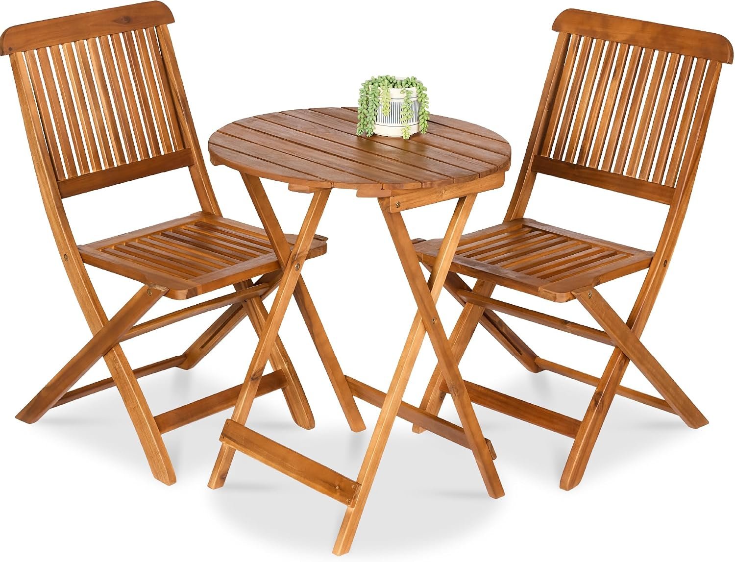 Best Choice Products 3-Piece Acacia Wood Bistro Set, Folding Patio Furniture for Backyard, Balcony, Deck w/ 2 Chairs, Round Coffee Table, Teak Finish – Natural