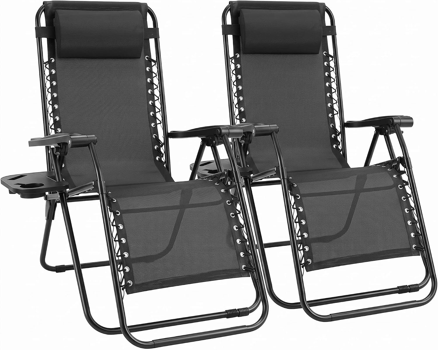 Sweetcrispy Zero Gravity Chairs Set of 2, Outdoor Folding Patio Lounge Chair with Cup Holder Tray, Portable Beach Camping Recliner for Poolside, Garden, Backyard, Lawn, Solid Black