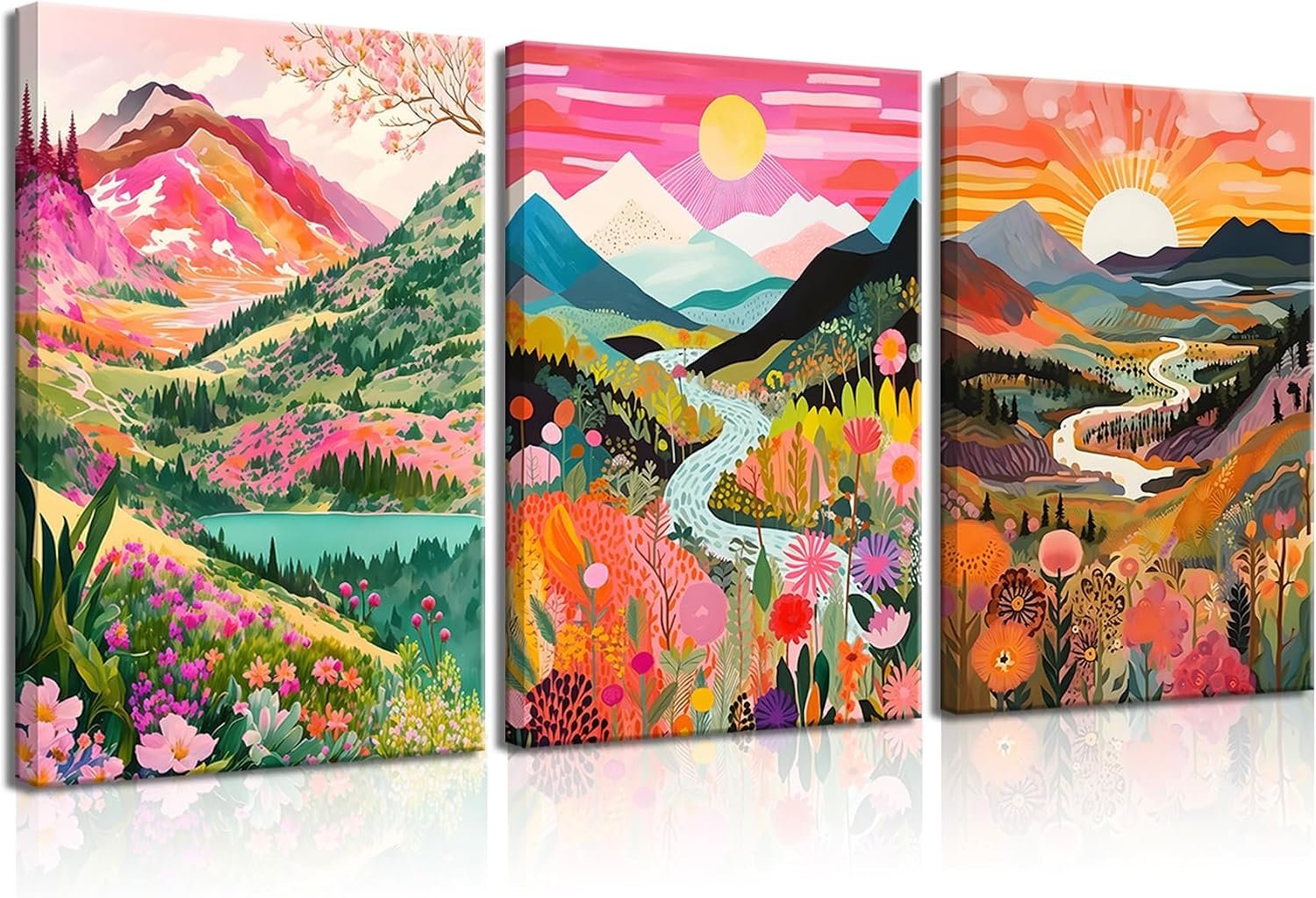 3Pcs Colorful Watercolor Mountain Canvas Wall Art Boho Floral Painting Picture Wall Decor Abstract Nature Landscape Poster Print Artwork for Living Room Bedroom Bathroom Office Home Decoration 12x16in