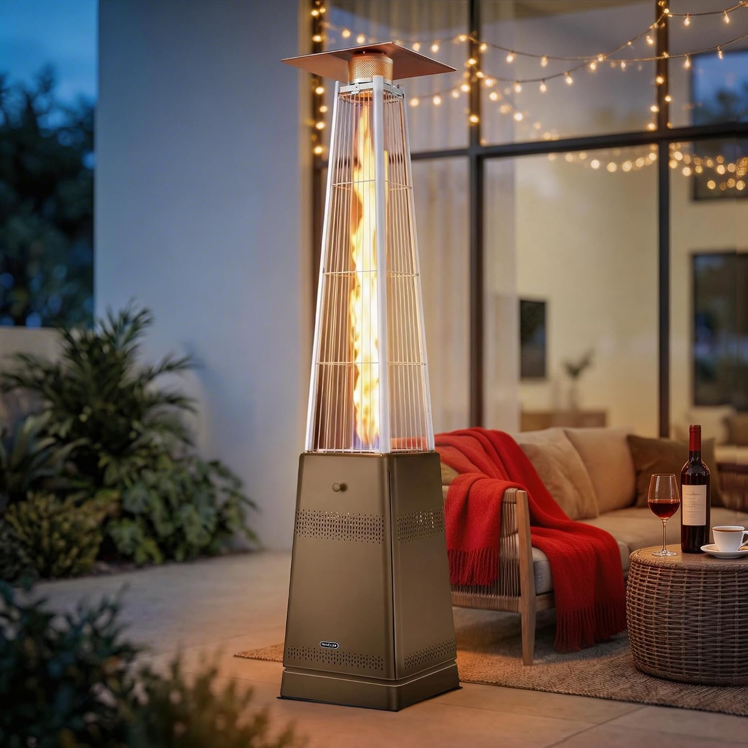 Pyramid Patio Heater, 50,000 BTU Outdoor Patio Heater, Propane Heater With Quartz Glass Tube & Wheels for Outdoor Use, Backyard, Commercial & Residential, Triple Protection System, Brown