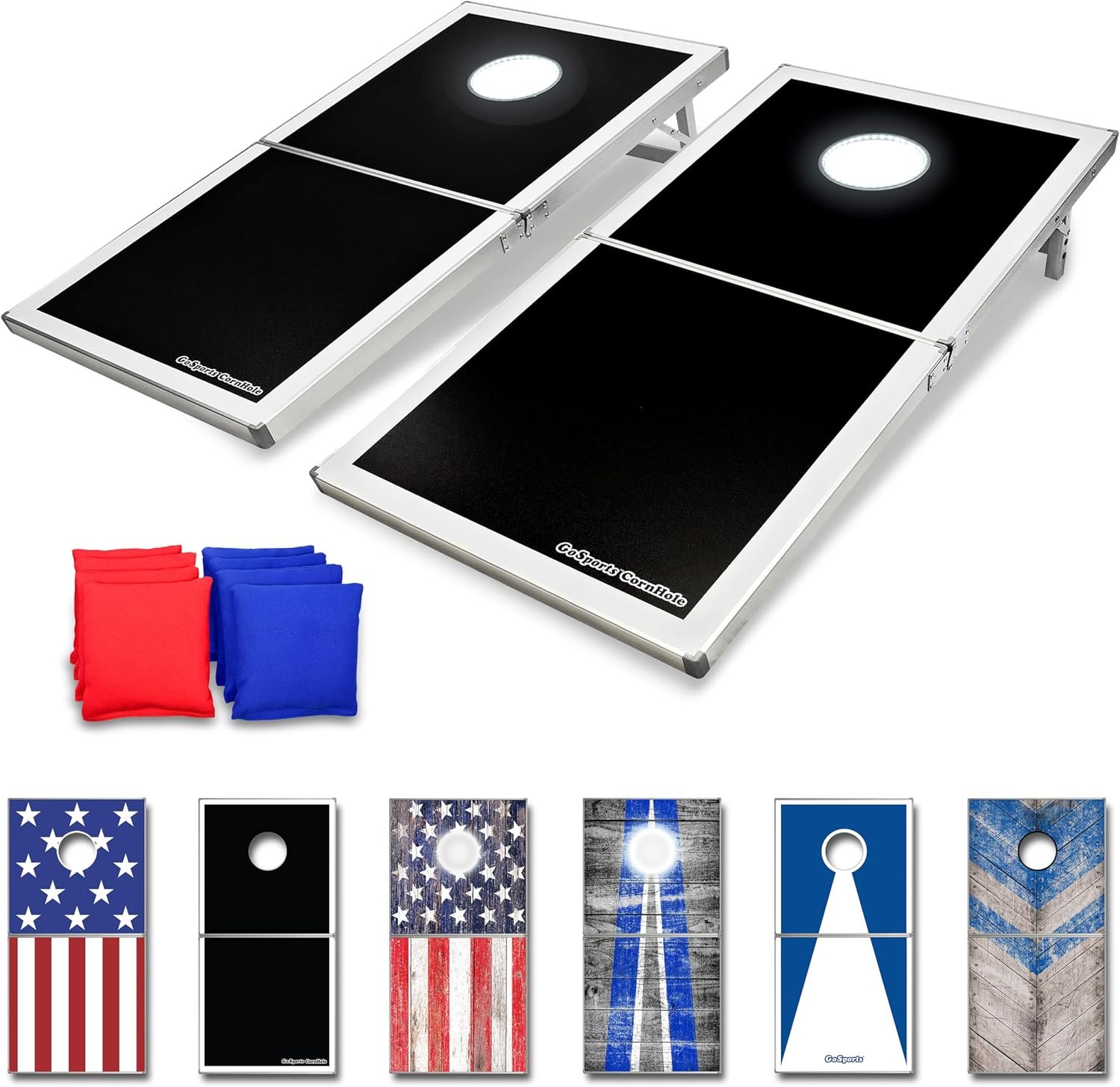 GoSports 4 x 2 ft Ultra Portable Cornhole Board Set – Choose LED Lights or Standard – Regulation Size Corn Hole Games for Adults, Perfect for Tailgating and Camping – Includes 8 Bean Bags & Rules