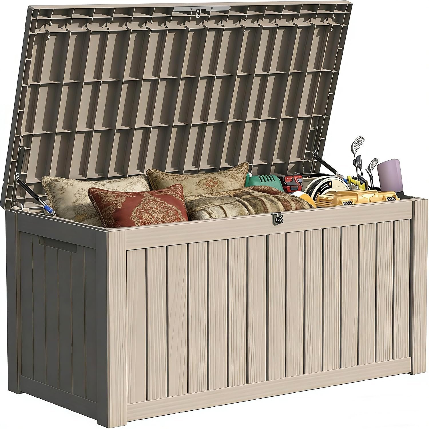 150 Gallon Outside Storage Box & Bench,Lockable&Waterproof Storage Organizer for Patio Furniture Accessories, Indoor Storage for Cushion, Slate Grey