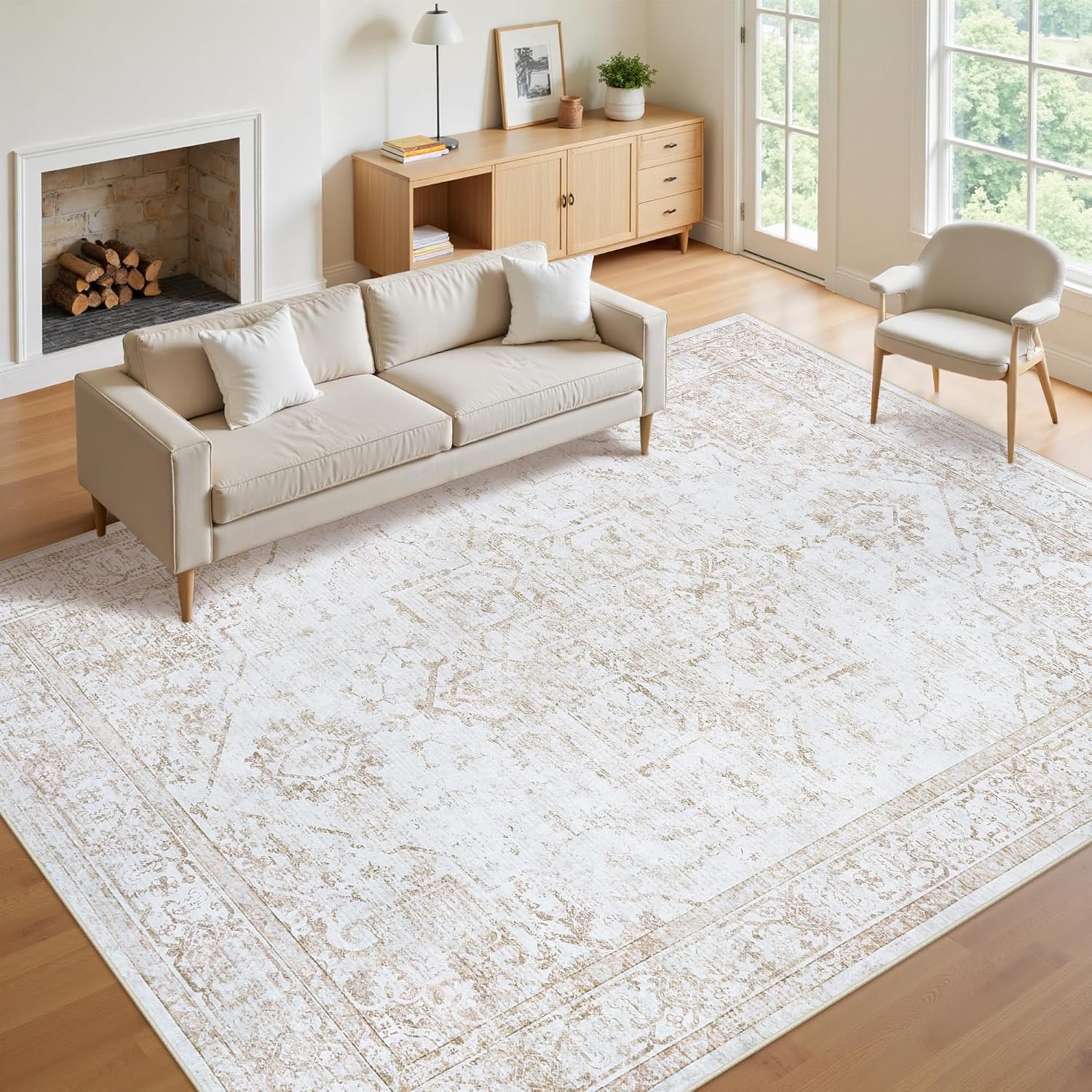8×10 Area Rugs for Living Room:Beige Washable Vintage Medallion Rug Non-Slip Soft Low Pile Large Rugs Indoor Retro Carpet for Bedroom Kitchen Nursery Dining Table Office (Beige, 8’x10′)