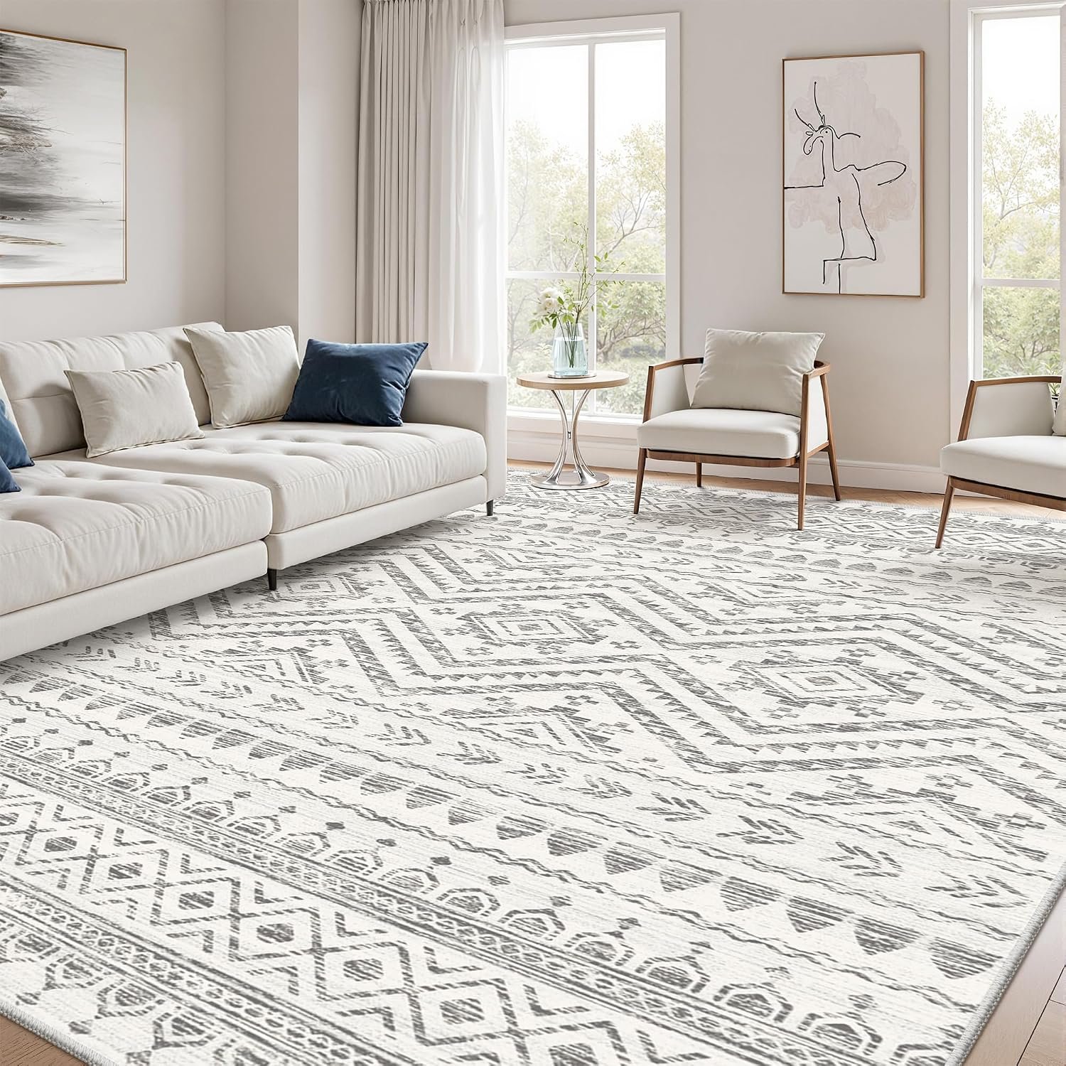 Miukiki 8×10 Area Rug for Living Room Moroccan Washable Rugs Non Slip Indoor Floor Carpet Foldable Large Soft Area Rug for Dining Room Bedroom with Low Pile(Grey,8’x10′)