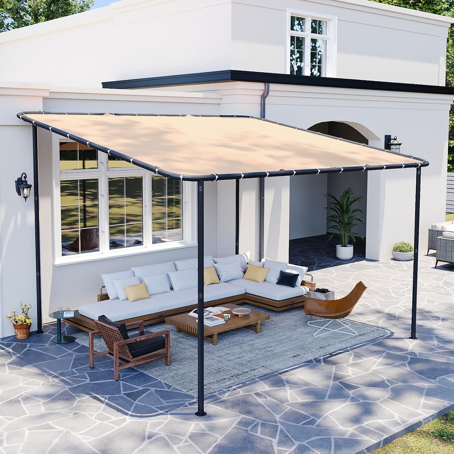 10×12 Lean to Pergola Outdoor Gazebo with Water Resistant & UV-Resistant, Sloped Roof Awning Wall-Mounted Canopy for Patio Backyard, Deck, or Garden Khaki