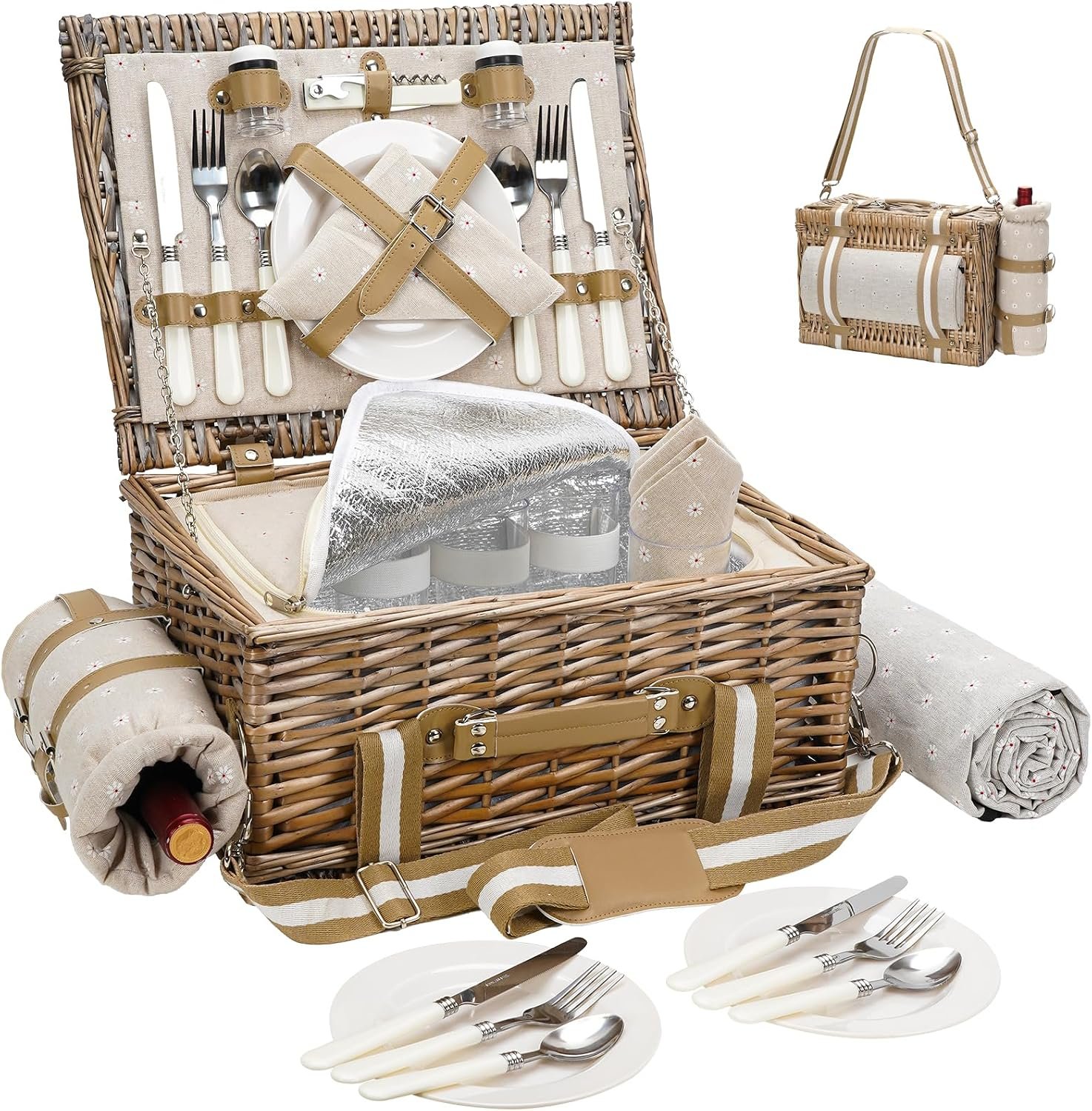 G GOOD GAIN 31Pcs Picnic Basket for 4 – Wicker Picnic Set with Waterproof Blanket & Wine Bag| Large Picnic Hamper with Insulated Cooler & Cutlery Kit for Couples Camping,White Flower,16x12x7.5inch