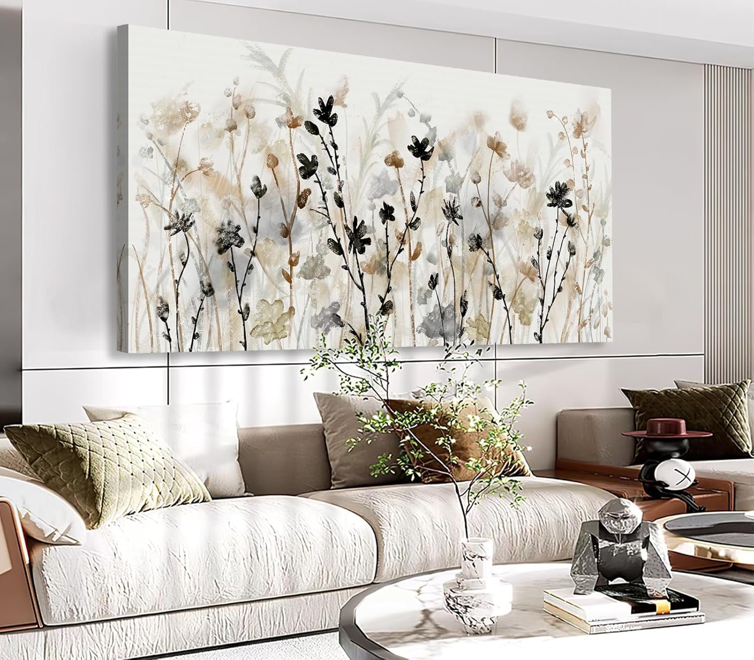 Abstract Floral Canvas Wall Art Grey Cream White Grass Flowers Canvas Pictures Modern Landscape Painting Botanic Artwork for Living Room Bedroom Kitchen Office Wall Decor Ready to Hang 20″ x 40″