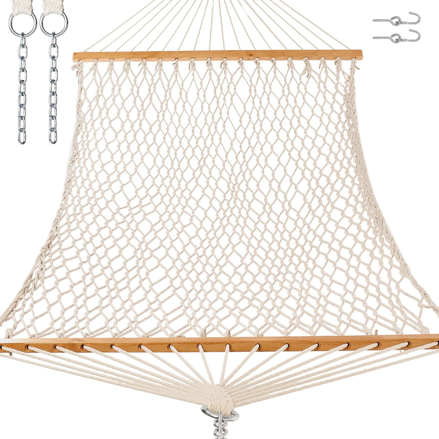 GAFETE Double Hammocks for Outside, Handwoven Traditional Cotton Rope 2 Person Hammock with Hardwood Spreader Bar, Chains & Hooks for Indoor Outdoor, Max 450 lbs Capacity (Natural Beige, Medium)