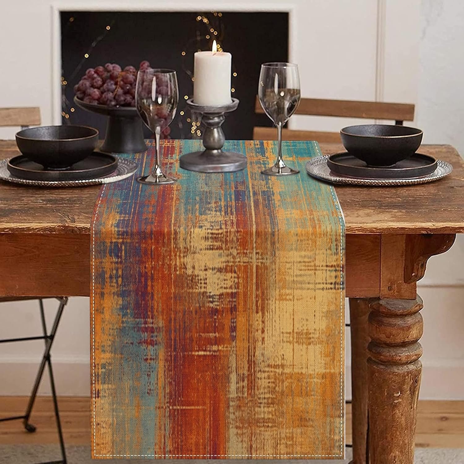 Emvency Blue and Orange Table Runner, Vintage Abstract Messy Rust Painting Dining Decor for Kitchen Coffee Table Family Dinners Holiday Parties Wedding Events Decor(13×60 inch)