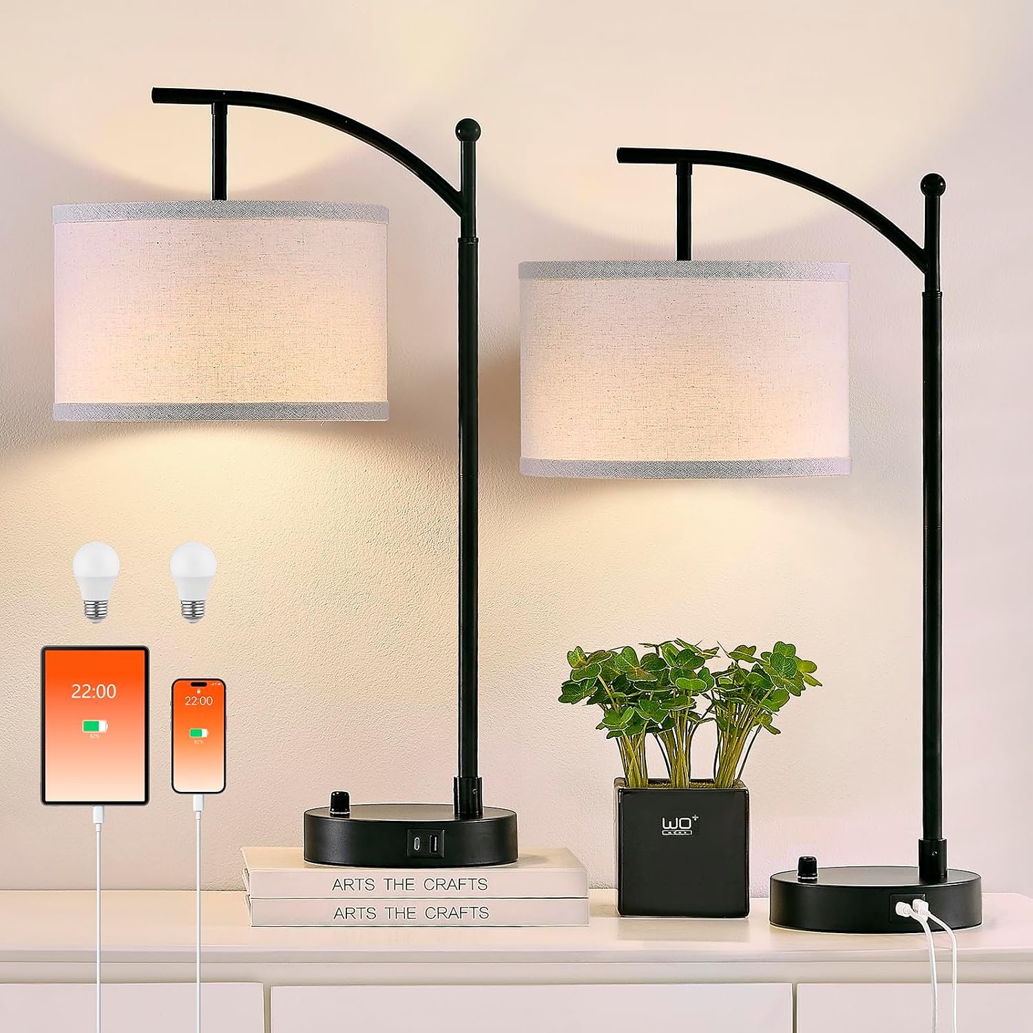 Table Lamp for Living Room Bedroom, 23.5″ Table Lamps Set of 2 with USB C+A Ports, Bedside Lamps for Nightstand with Linen Lamp Shades, 2 Dimmable LED Bulbs Included, Black