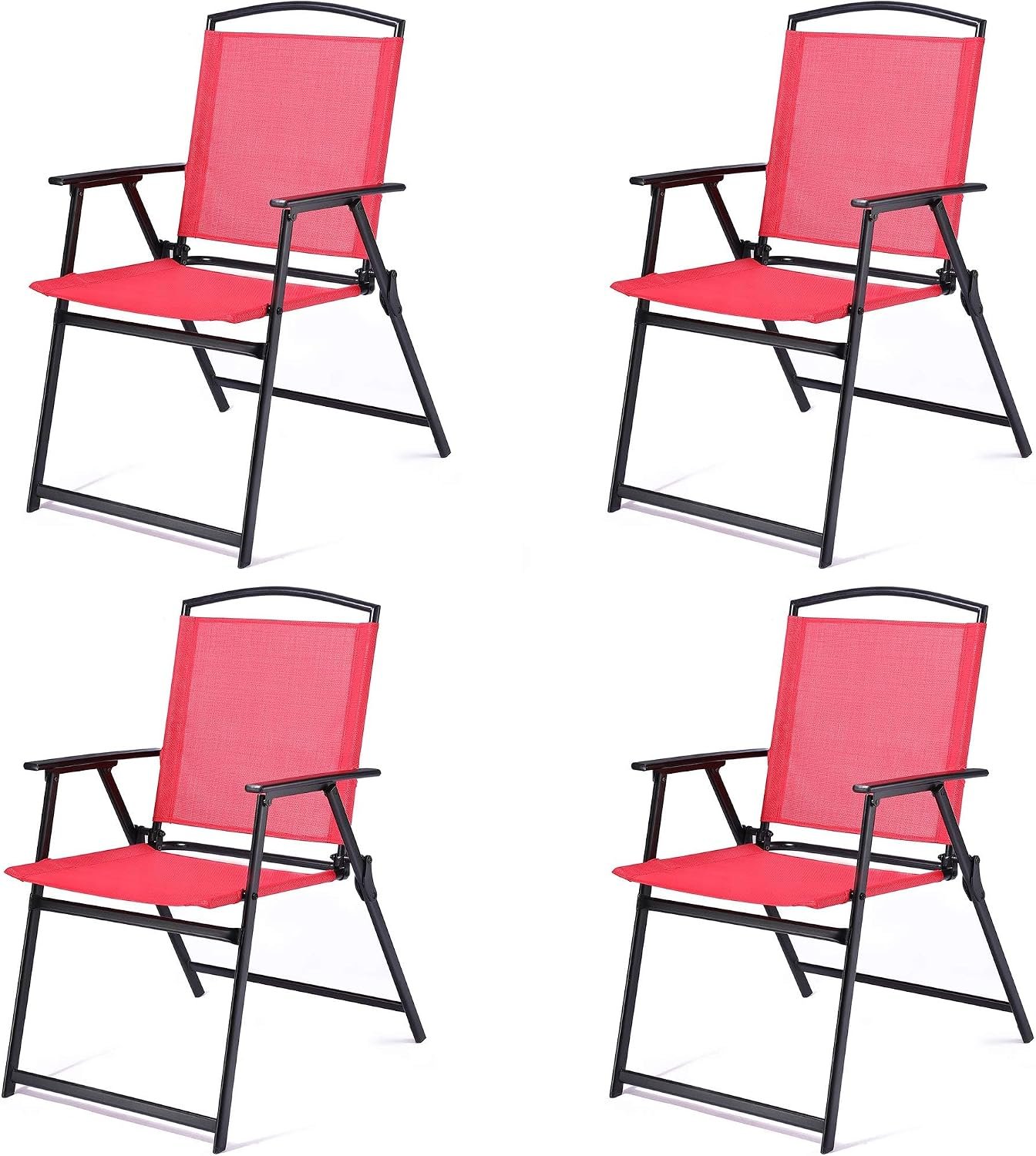 Outdoor Folding Patio Dining Chairs Set of 4 With Armrest Heavy-Duty Lightweight Protable Foldable Patio Sling Chair for Garden Lawn Poolside Backyard Deck Bistro Balcony Sillas Furnitures(Red)