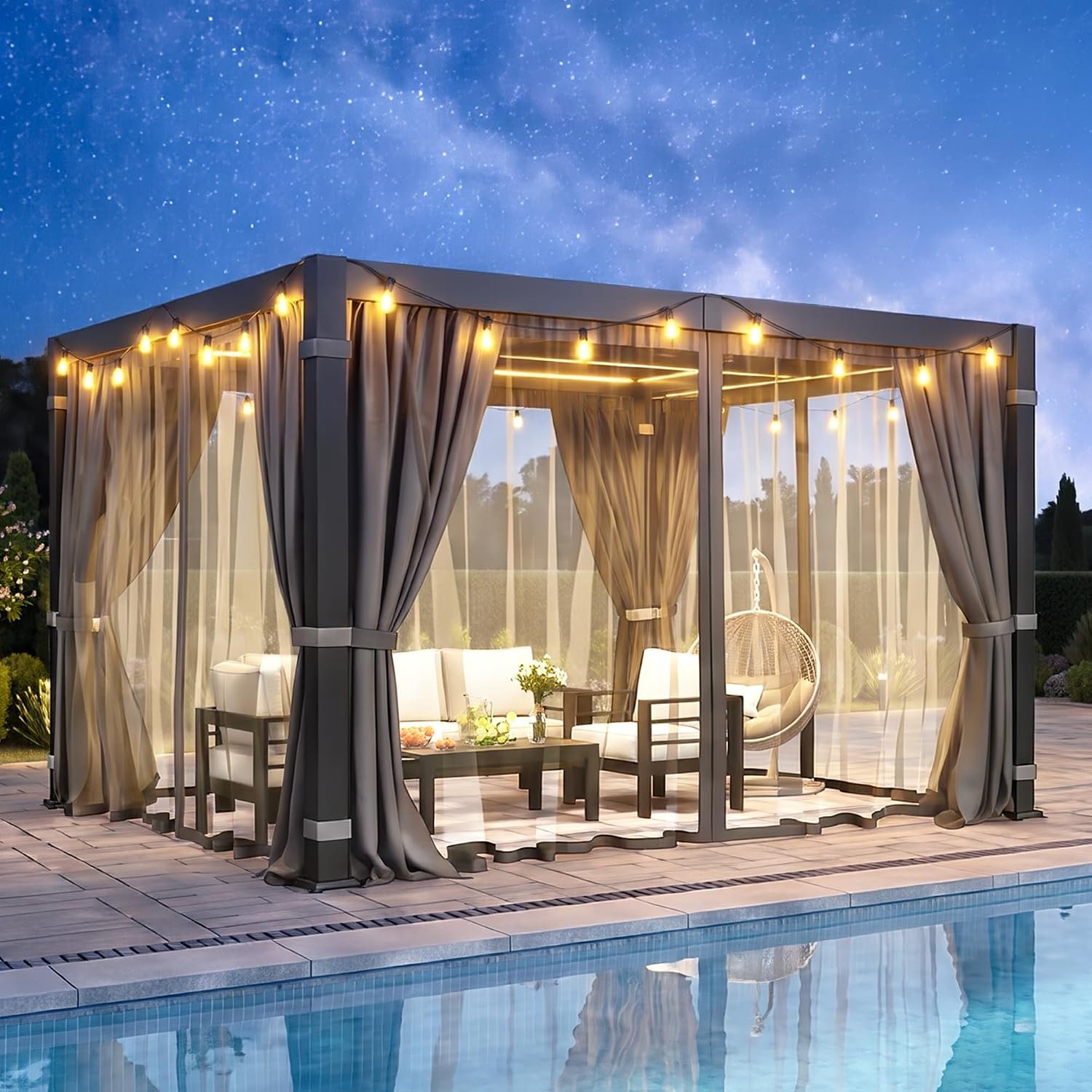 10′ x 12′ Louvered Pergola, Outdoor Pergola with Curtains & Netting, Aluminum Frame Patio Pergola with Adjustable Louvers Roof & Gutter System, Hardtop Gazebo for Patio, Deck, Garden, Yard, Dark Gray