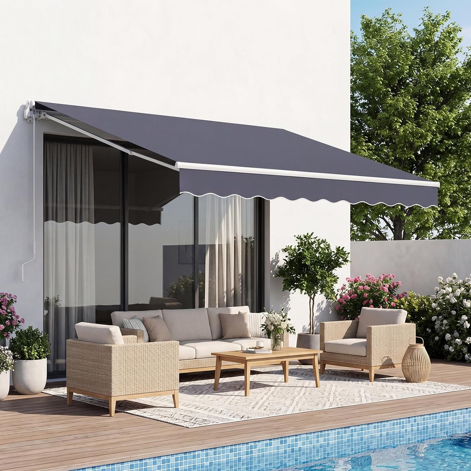 VEVOR Manual Retractable Awning, 8.2′ x 6.6′ Outdoor Patio Awning Retractable Sun Shade, Patio Door Window Water-Resistant Polyester Sunshade Shelter with Crank Handle for Deck, Balcony, Yard, Gray