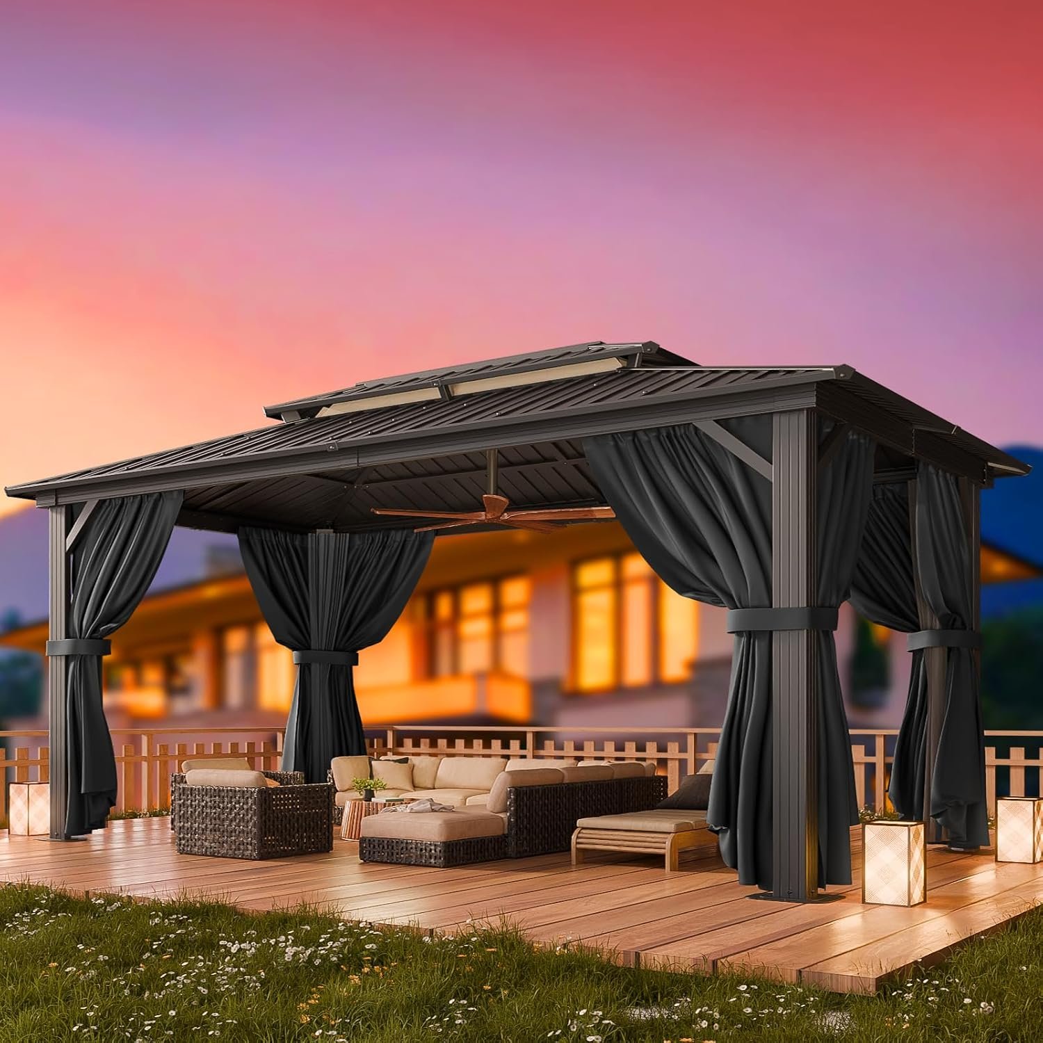 HOTEEL 10×15 Hardtop Gazebo On Clearance with Heavy Duty Galvanized Steel Metal Roof, Patio Hard Top Gazebo with Curtains & Netting,Outdoor Permanent Hot tub Gazebo Pavillon for Backyard,Deck,Black