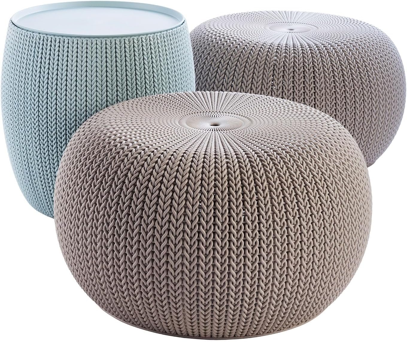 Keter Urban Knit Pouf Ottoman Set of 2 with Storage Table for Patio and Room Décor – Perfect for Balcony, Deck, and Outdoor Seating, Misty Blue & Taupe