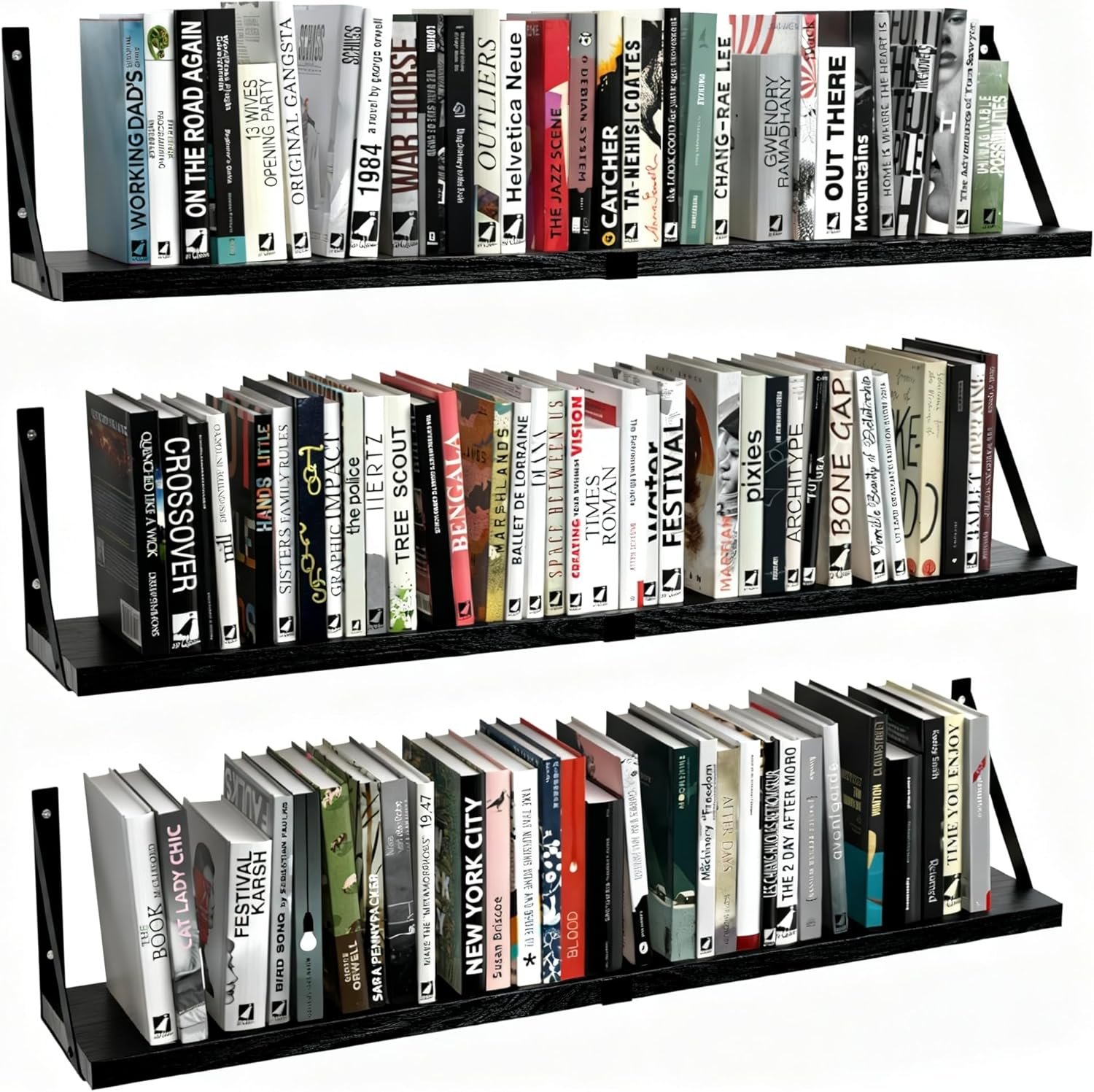 Floating Book Shelves Set of 3, Wall Bookshelf, 33 inch Long Wood Shelf for Wall Storage, Hanging Shelving for Bedroom, Bathroom, Living Room, Kitchen, Office and Plants (Black)
