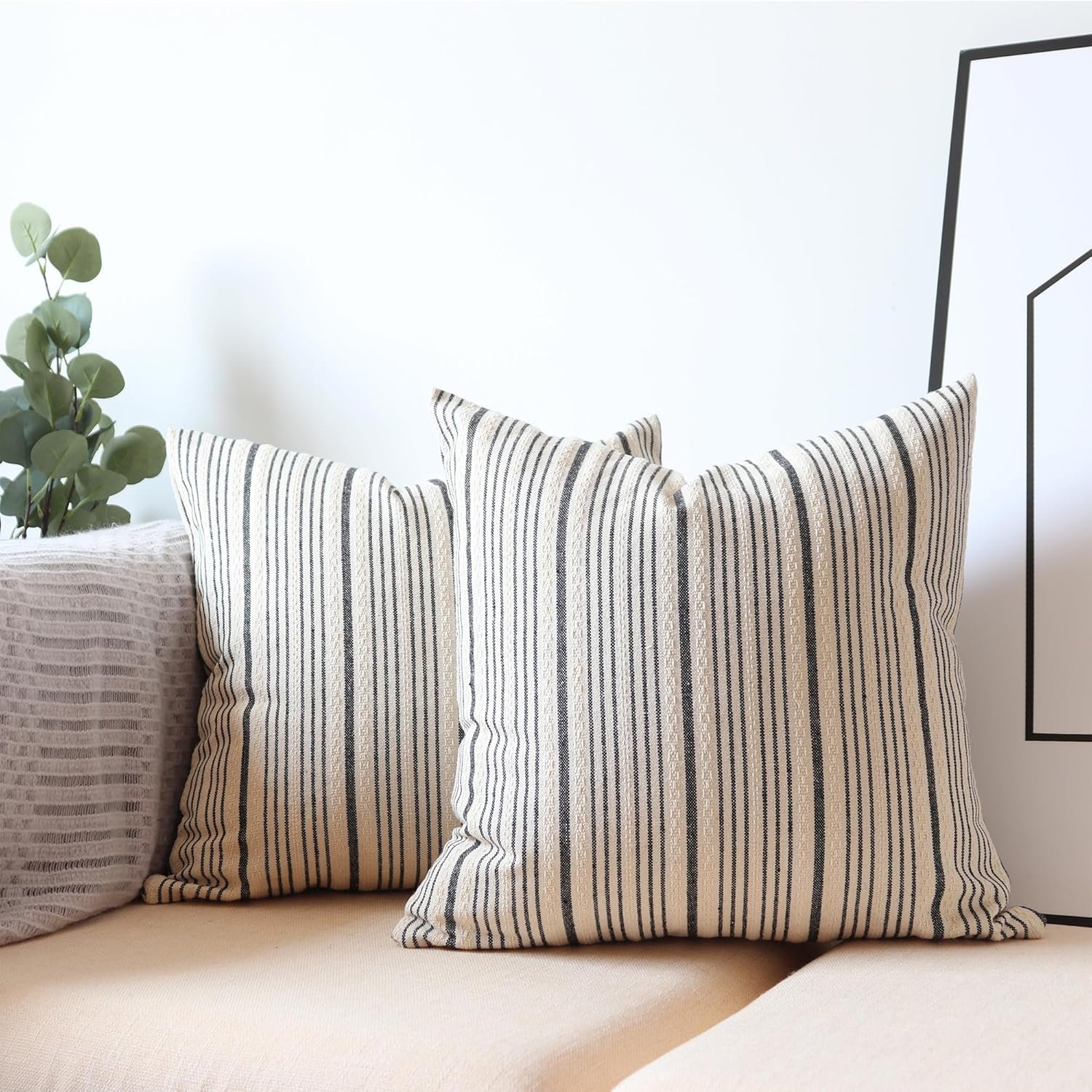 Black Pillow Covers Farmhouse Throw Pillow Covers Outdoor Striped Decorative Square Throw Pillows for Couch Sofa Bed 18×18 in Pack of 2 Black and Cream
