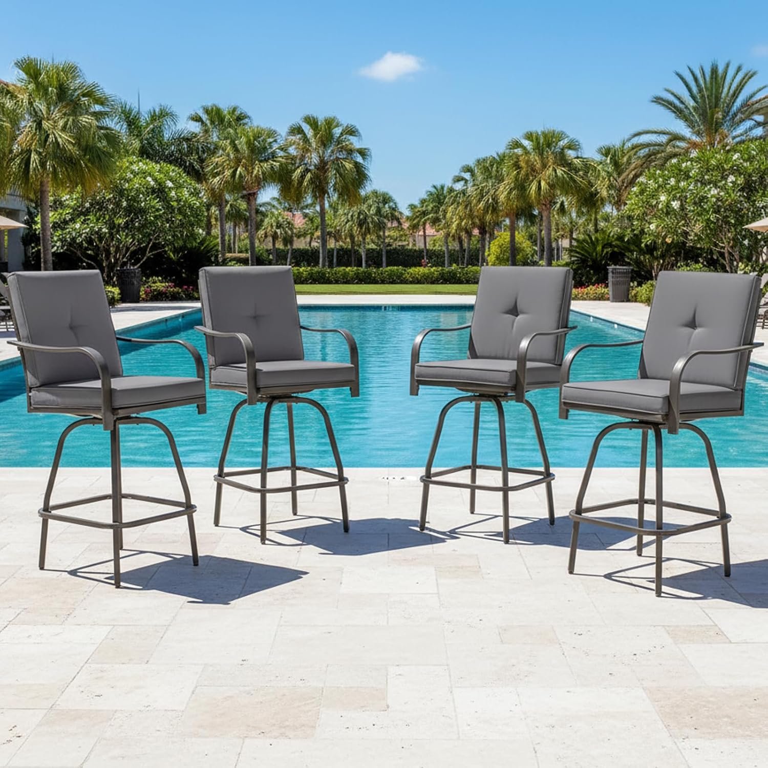 Outdoor Swivel Bar Stools Set of 4, High Top Patio Chairs Bar Height Swivel Stools with Cushions for Garden Balcony Backyard, Grey